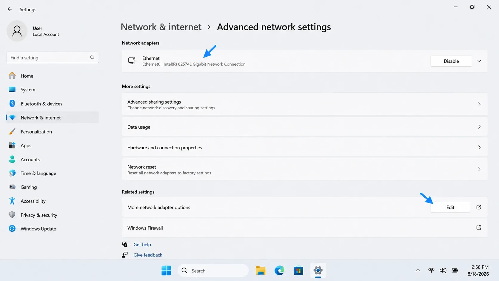 Windows 11 Advanced network settings showing an Ethernet adapter and the Edit button for Wake-on-LAN setup