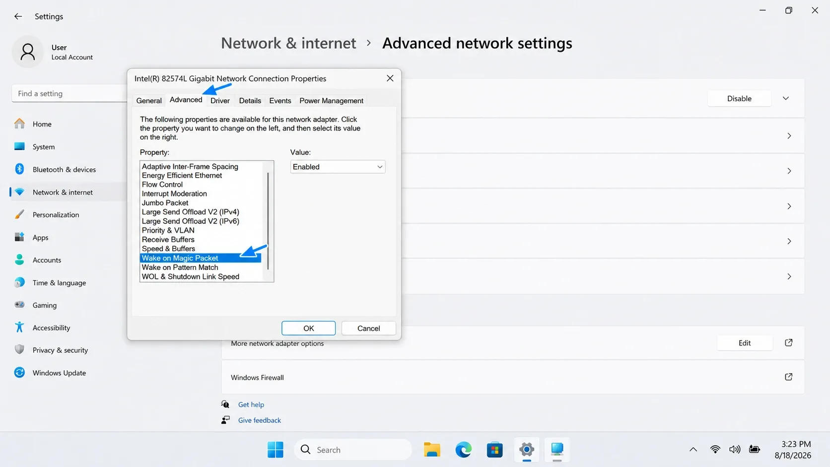 windows 11 wake on magic packet advanced