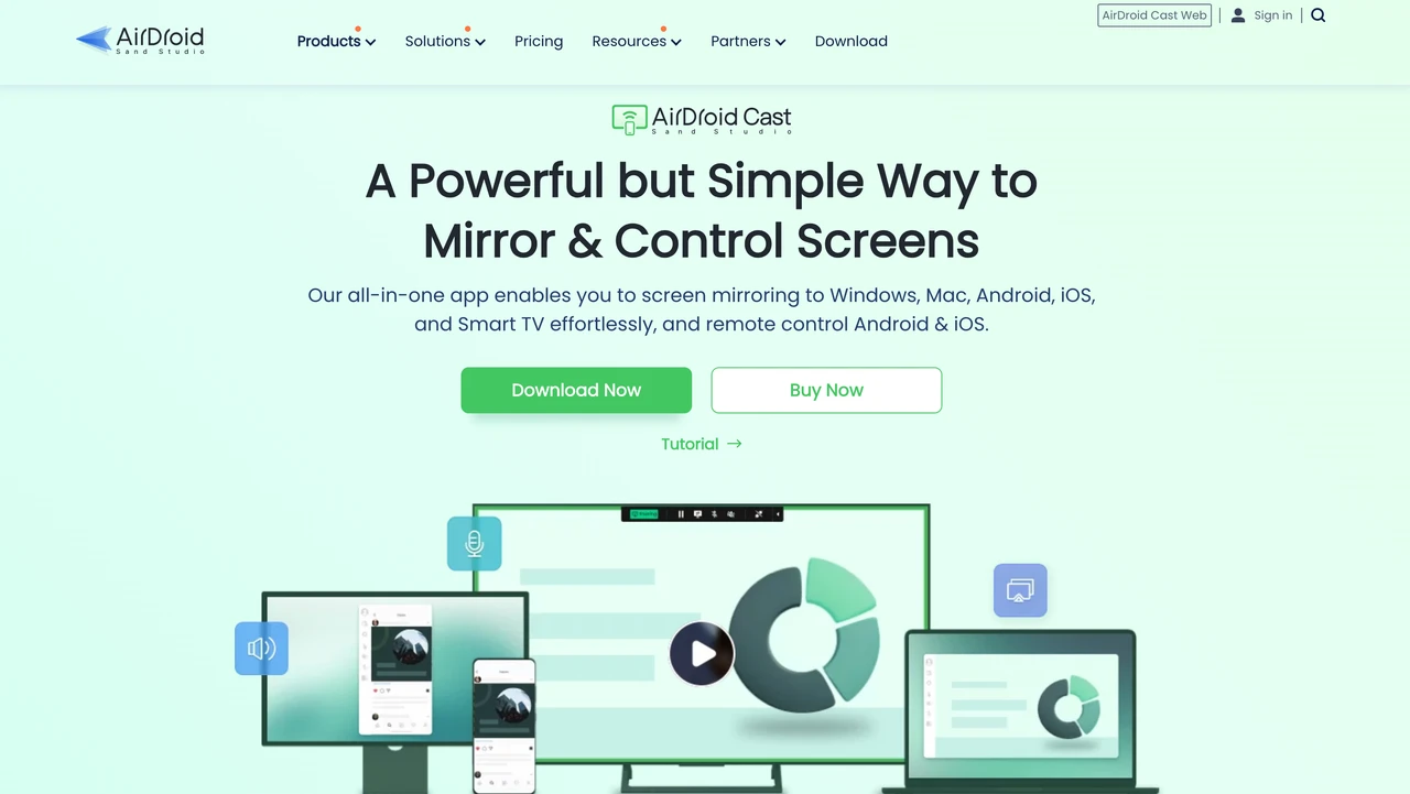 Página de inicio de AirDroid Cast para duplicación de pantalla y control remoto
