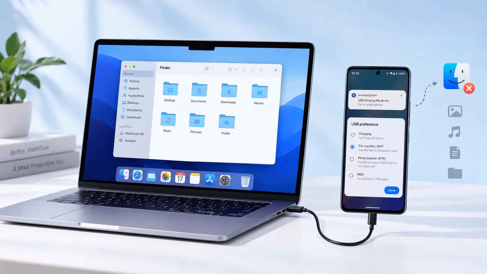 Android手機透過USB連接至MacBook,並已選擇「文件傳輸」MTP模式