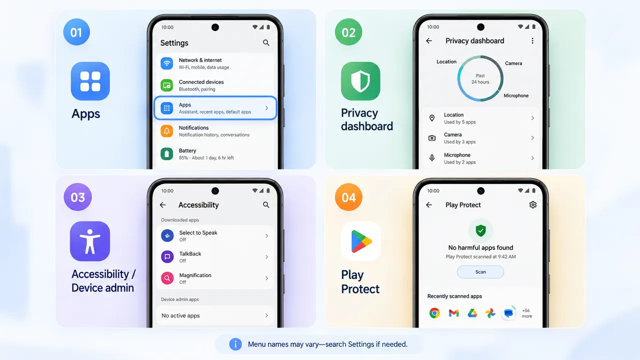 Android 的應用程式安全性檢查、隱私權儀表板、裝置管理員權限以及 Google Play Protect