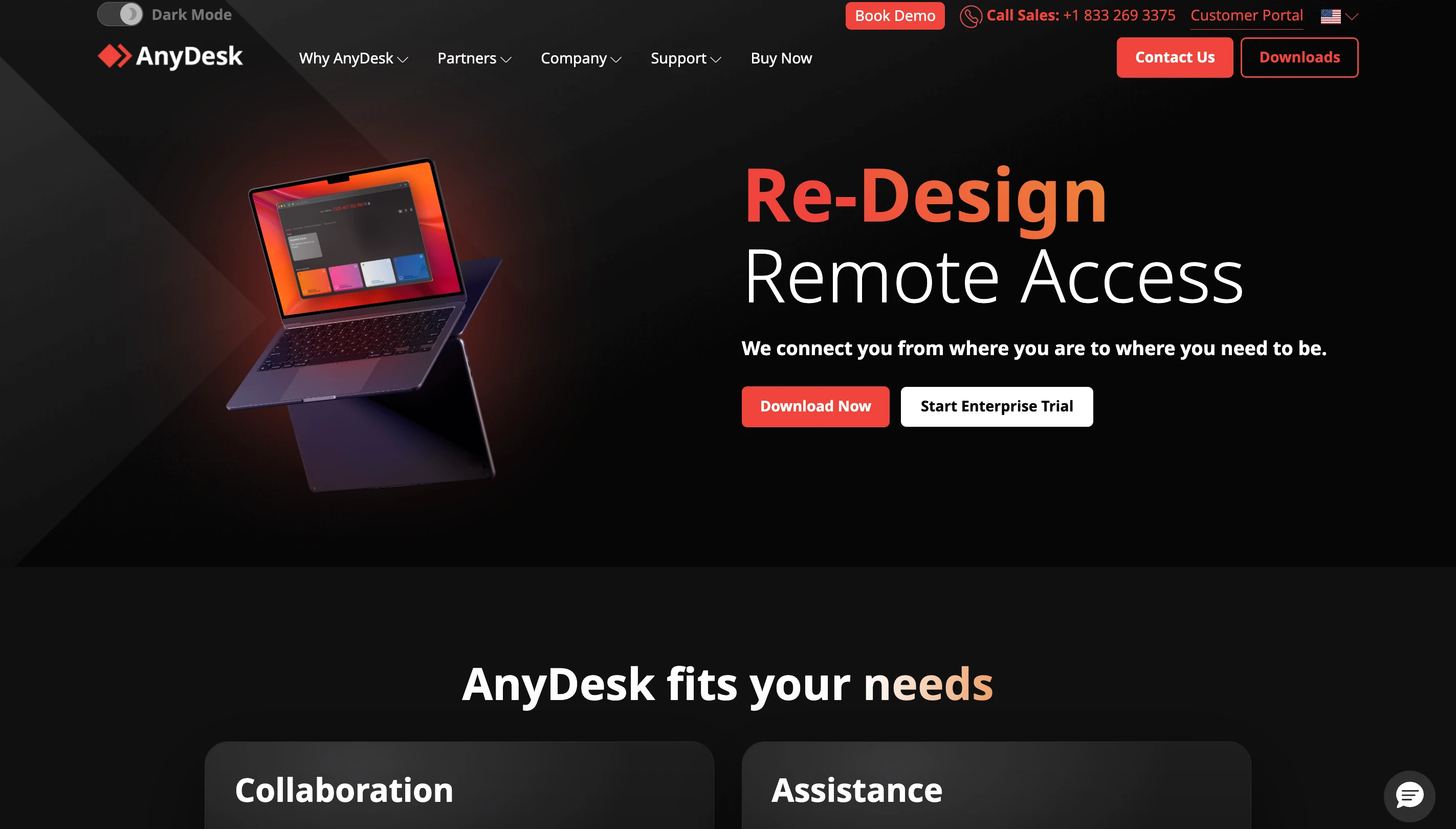 AnyDesk homepage promoting remote access software for collaboration and remote assistance