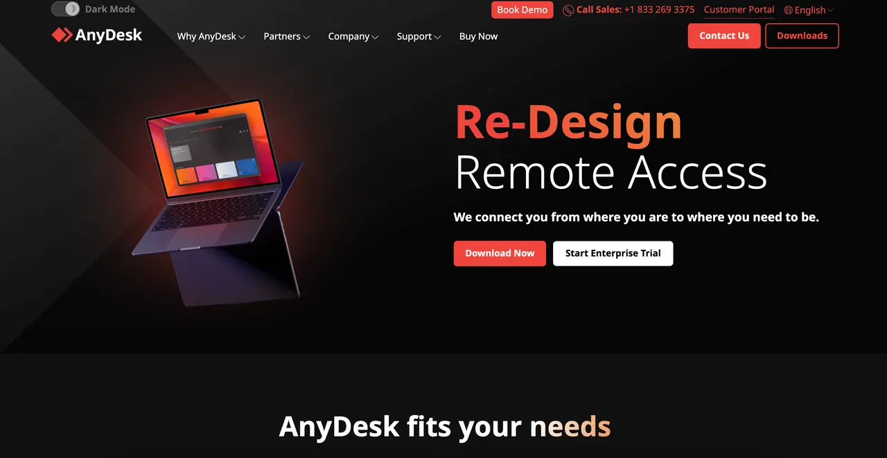 どこからでもデバイスに接続するためのリモートアクセスソフトウェアを宣伝するAnyDeskのホームページ