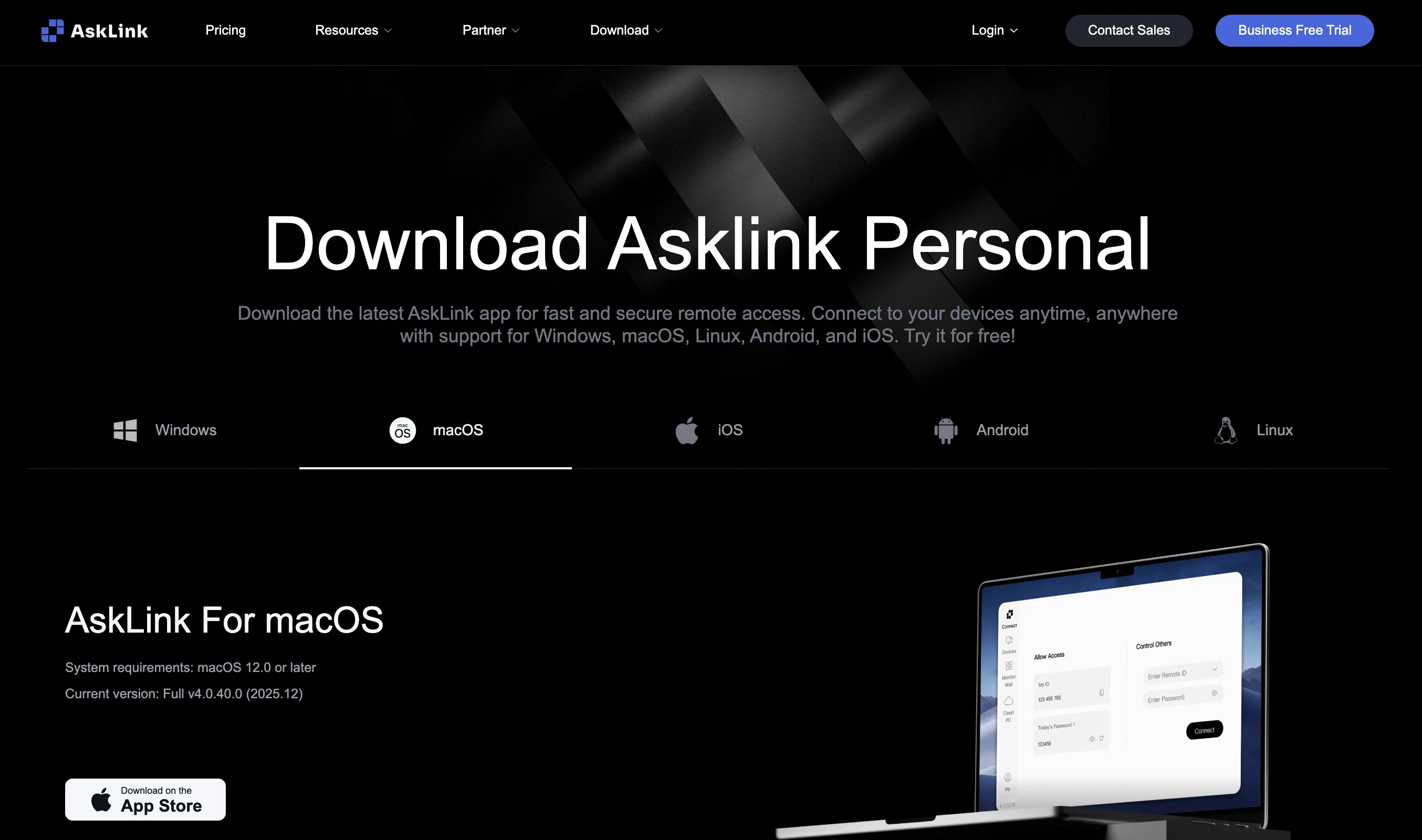 AskLink Personal download page for macOS