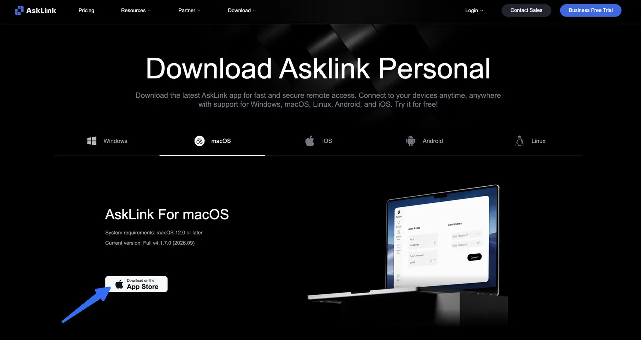 AskLink Personal 的 macOS 下載頁面,並高亮顯示 App Store 下載按鈕