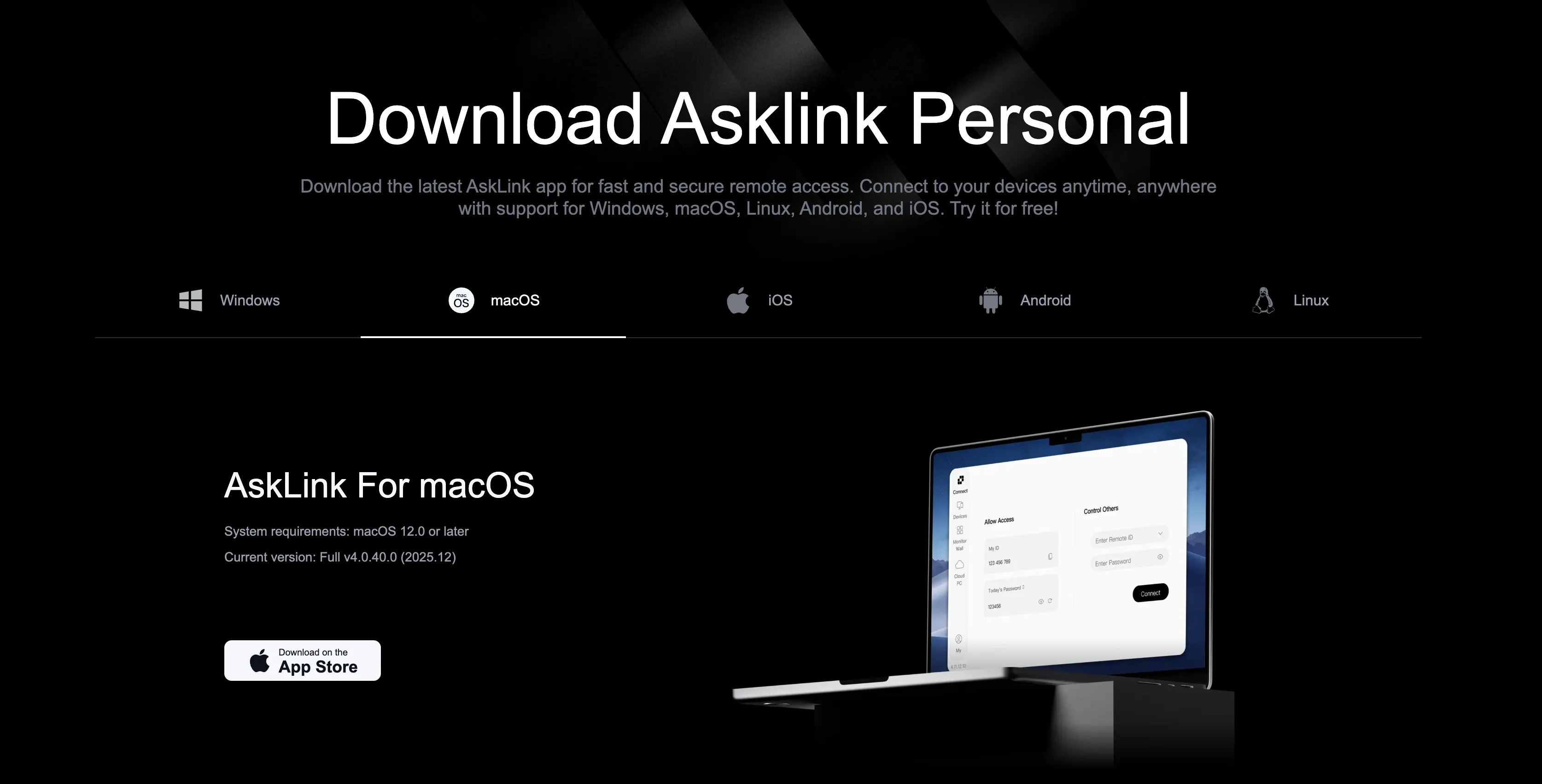AskLink Personal download page showing the macOS version and App Store download option