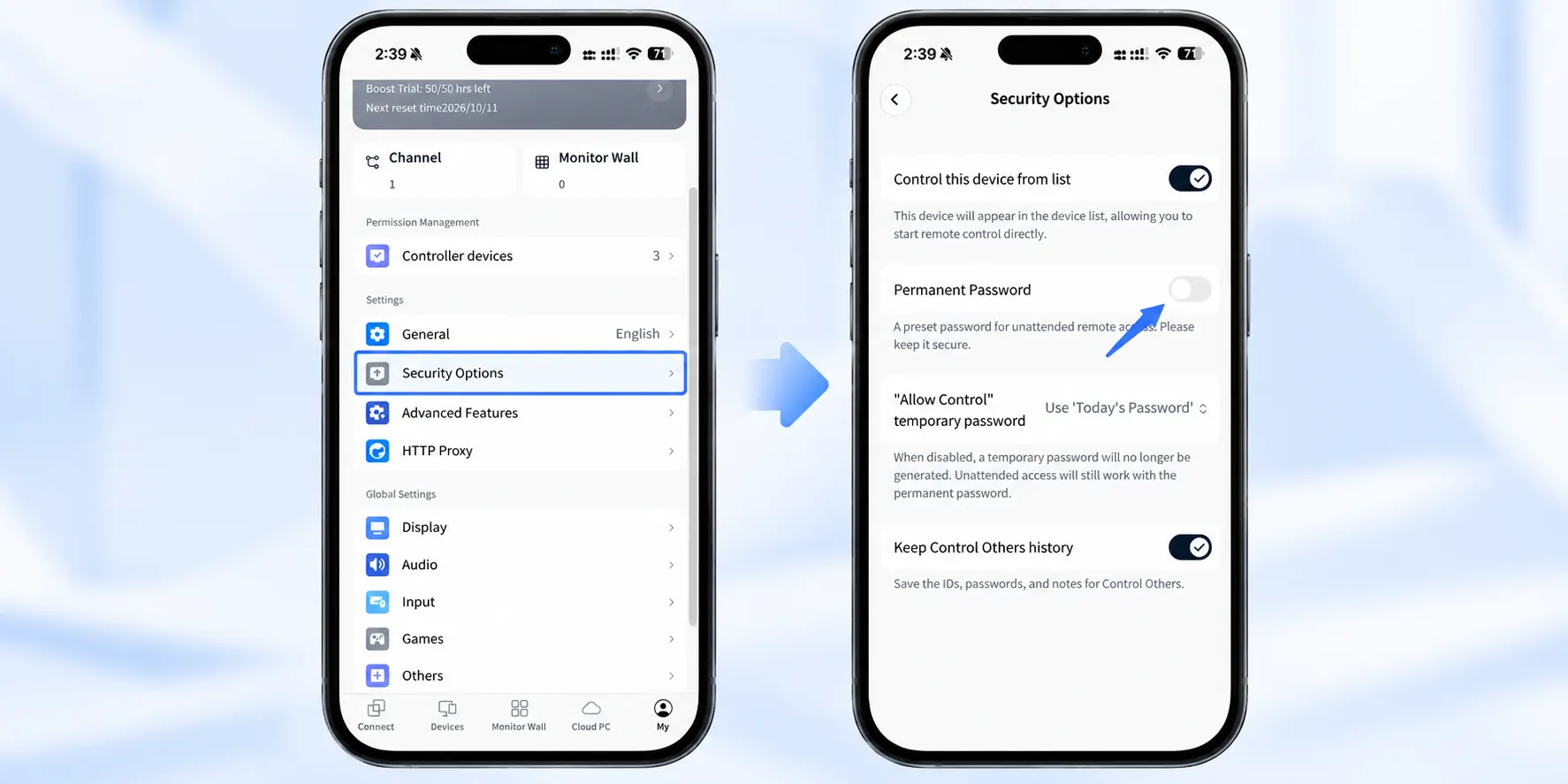 AskLink 安全選項,展示如何停用無人值守遠端存取的永久密碼
