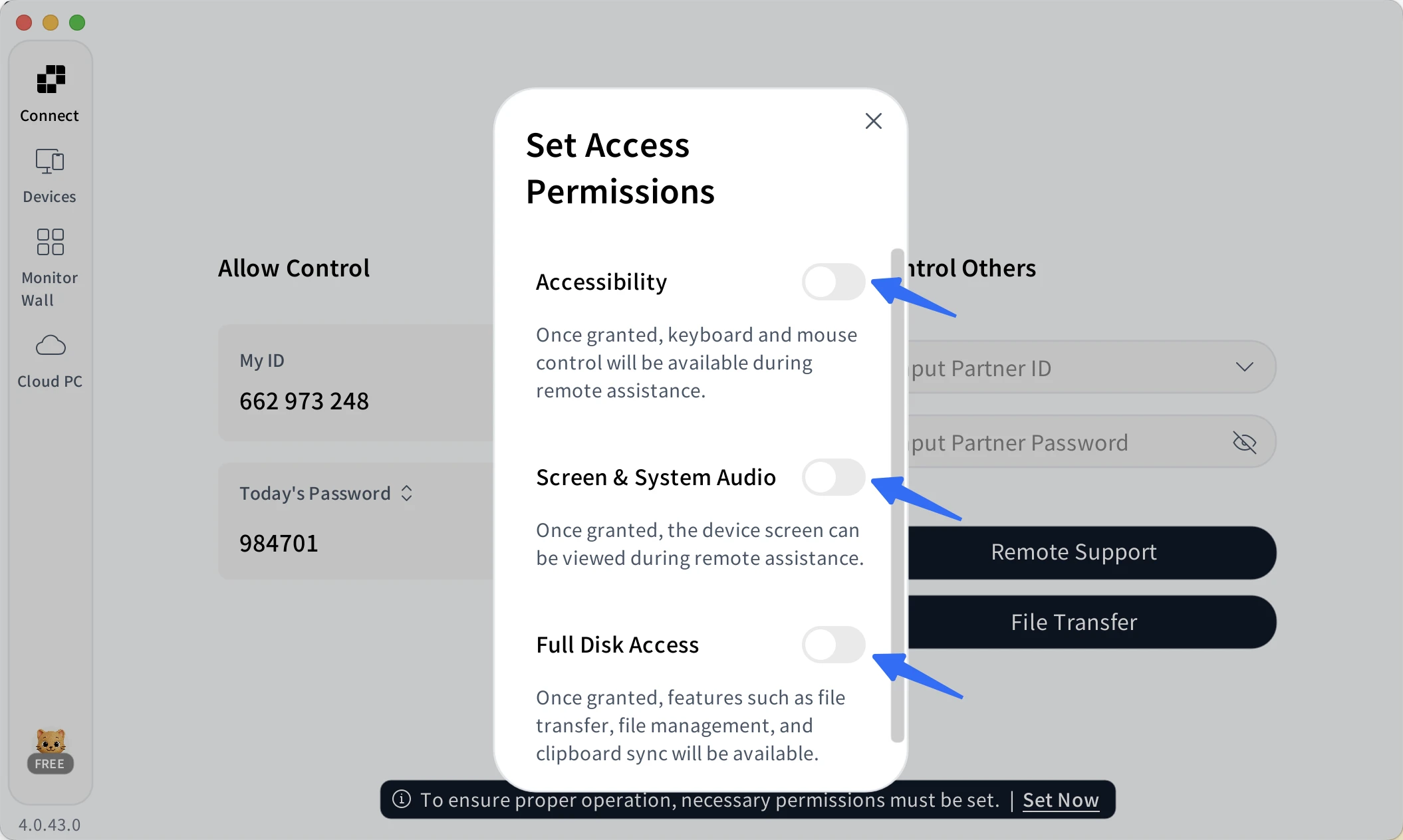 AskLink access permissions for Accessibility, screen audio, and Full Disk Access on Mac