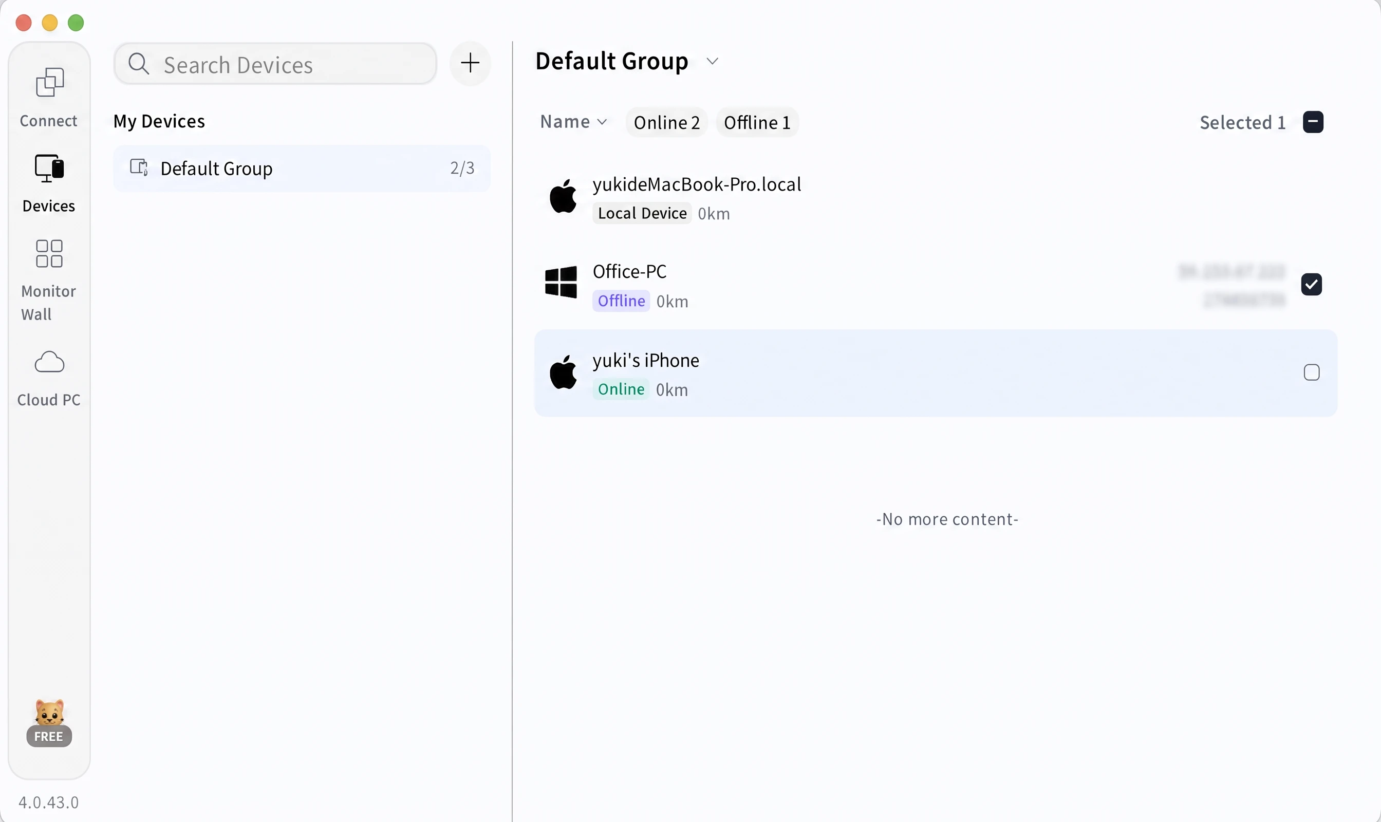AskLink device list showing Mac, Windows PC, and iPhone connection status