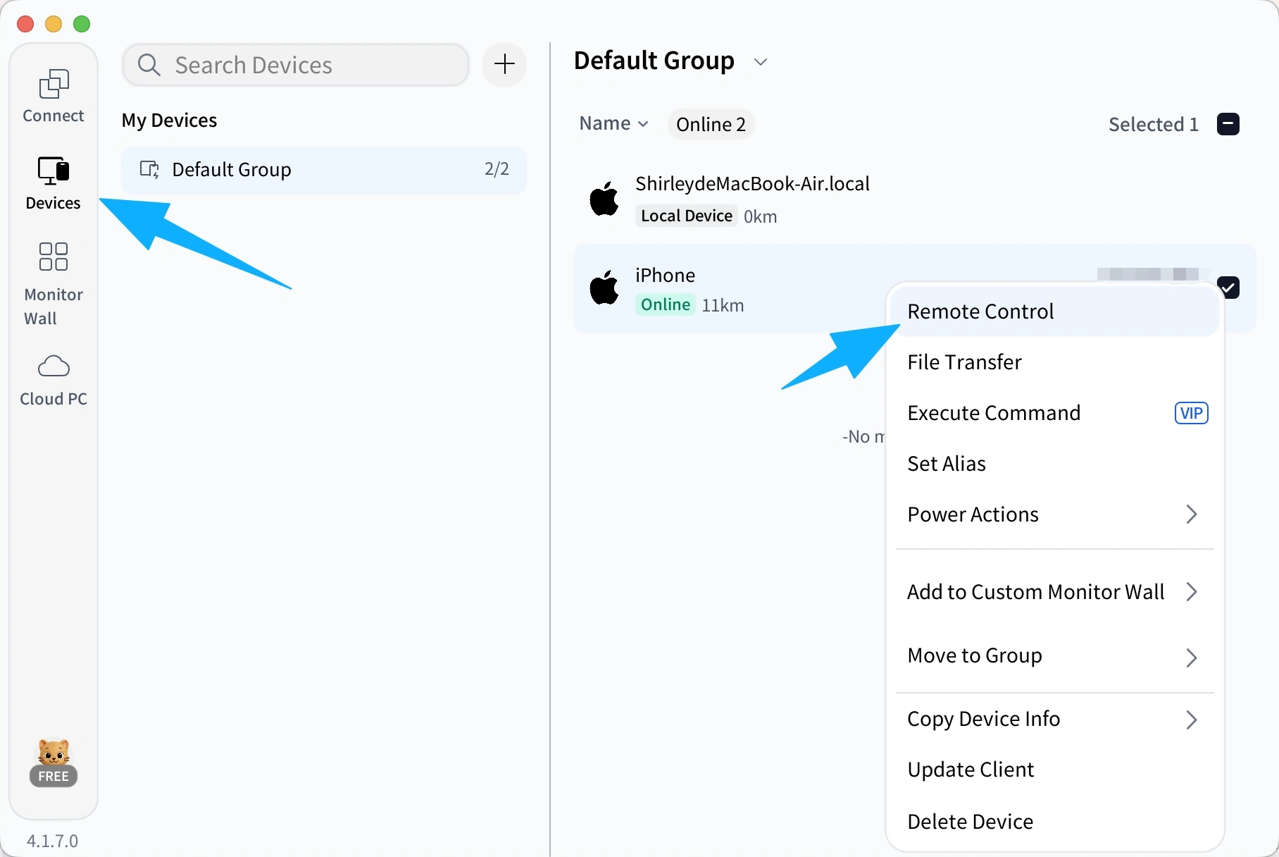 AskLink device list showing the Remote Power-On option for an offline Windows PC