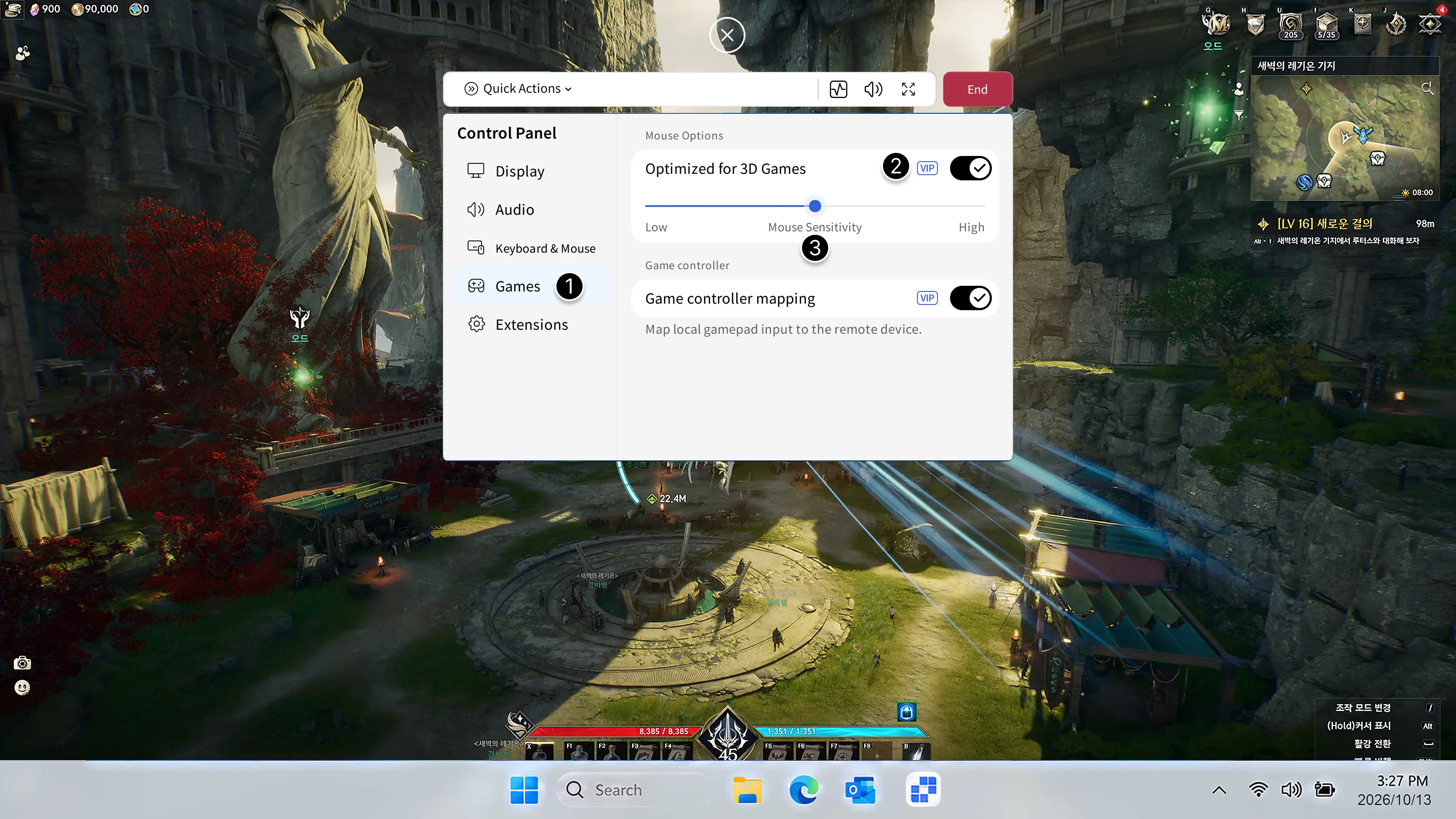 3Dゲーム最適化と主制クライアントマッピングが有効化されたAskLinkのAION 2用ゲーム設定