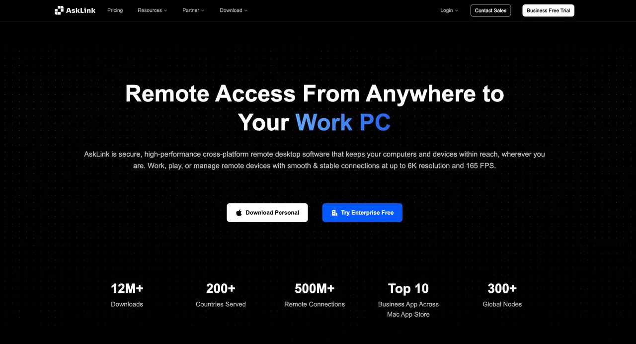 どこからでも業務用PCに安全なクロスプラットフォームリモートアクセスを提供するAskLinkのホームページ