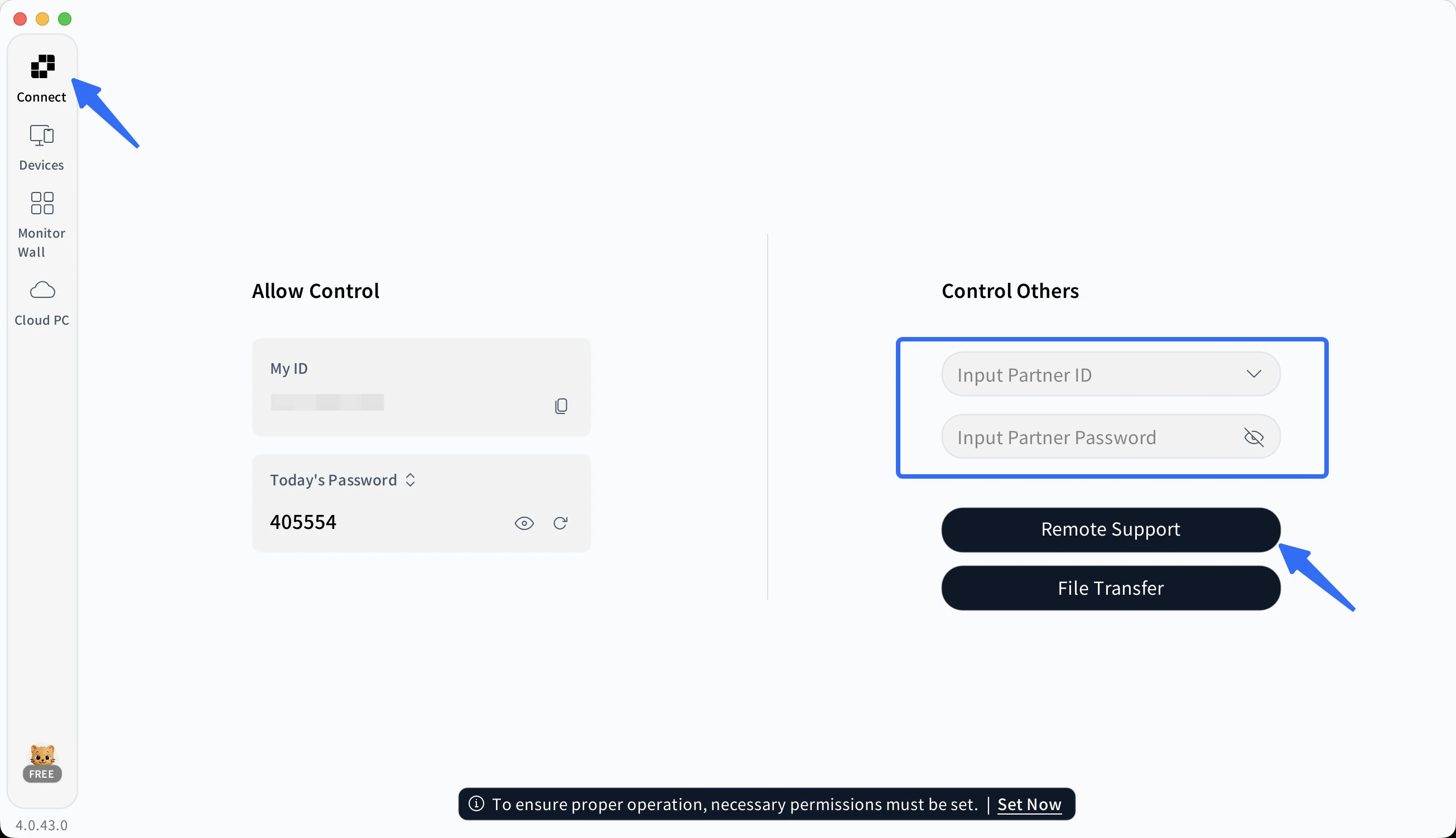 AskLink interface for starting a remote support connection with a partner ID and password