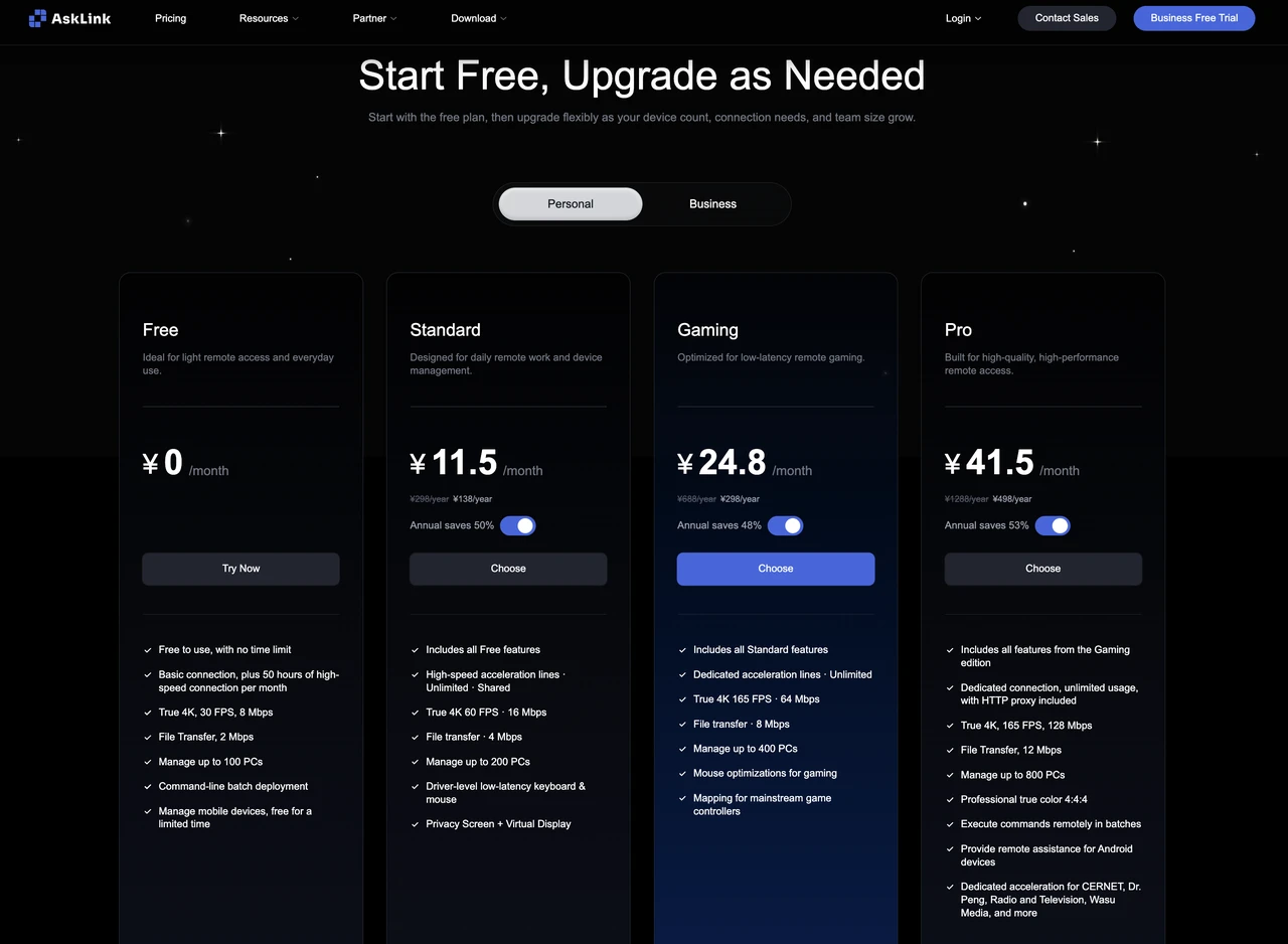 cing plans for Free, Standard, Gaming, and Pro