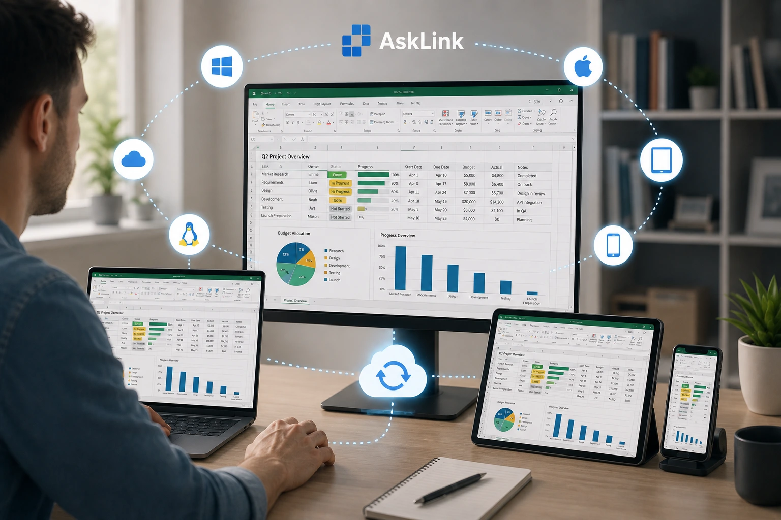 AskLink remote access across multiple devices and operating systems for synchronized work