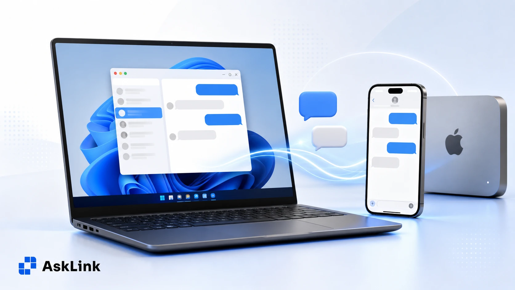 AskLink remote access between a Windows PC and Apple devices for messaging