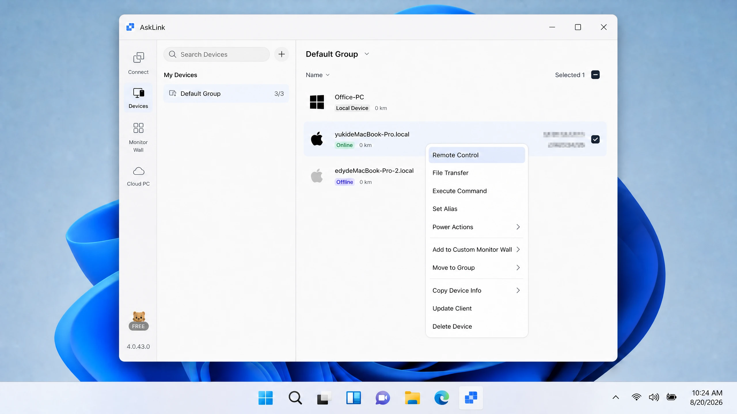 AskLink remote control menu for managing a Mac from a Windows PC