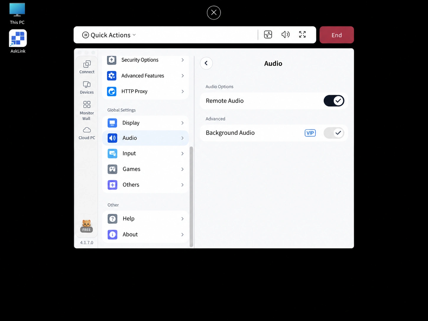 AskLink remote session audio settings with Remote Audio enabled