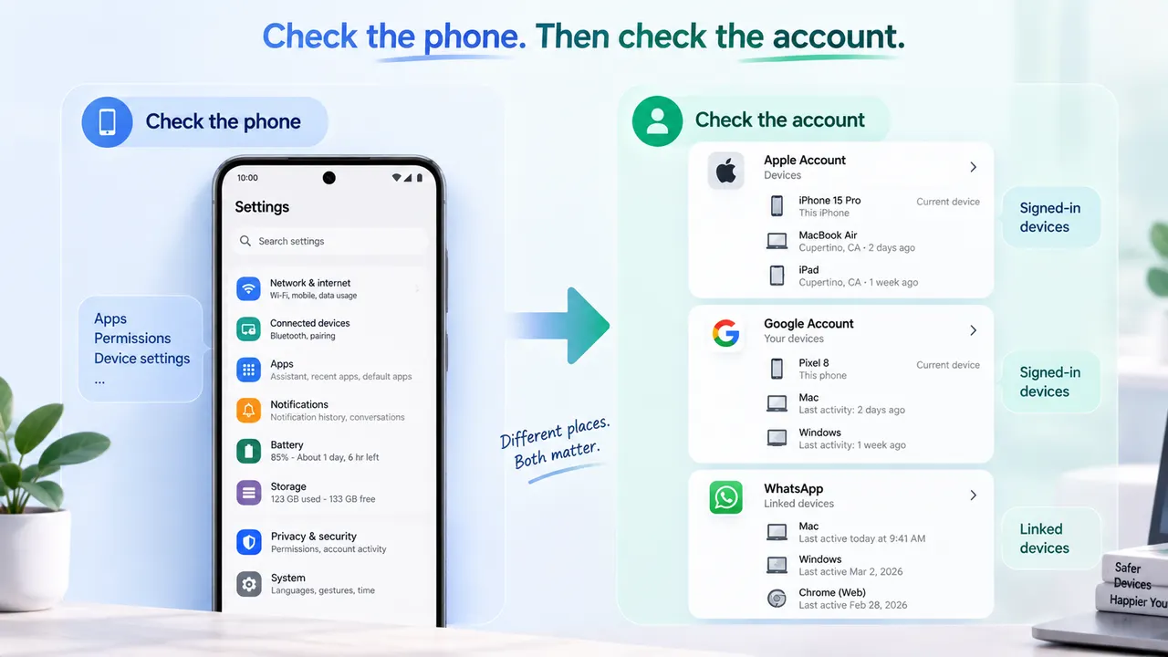 檢查 Apple、Google 和 WhatsApp 帳戶中的手機設定及已登入的設備