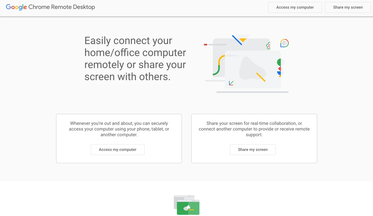 Chrome Remote Desktop homepage for remote access and screen sharing