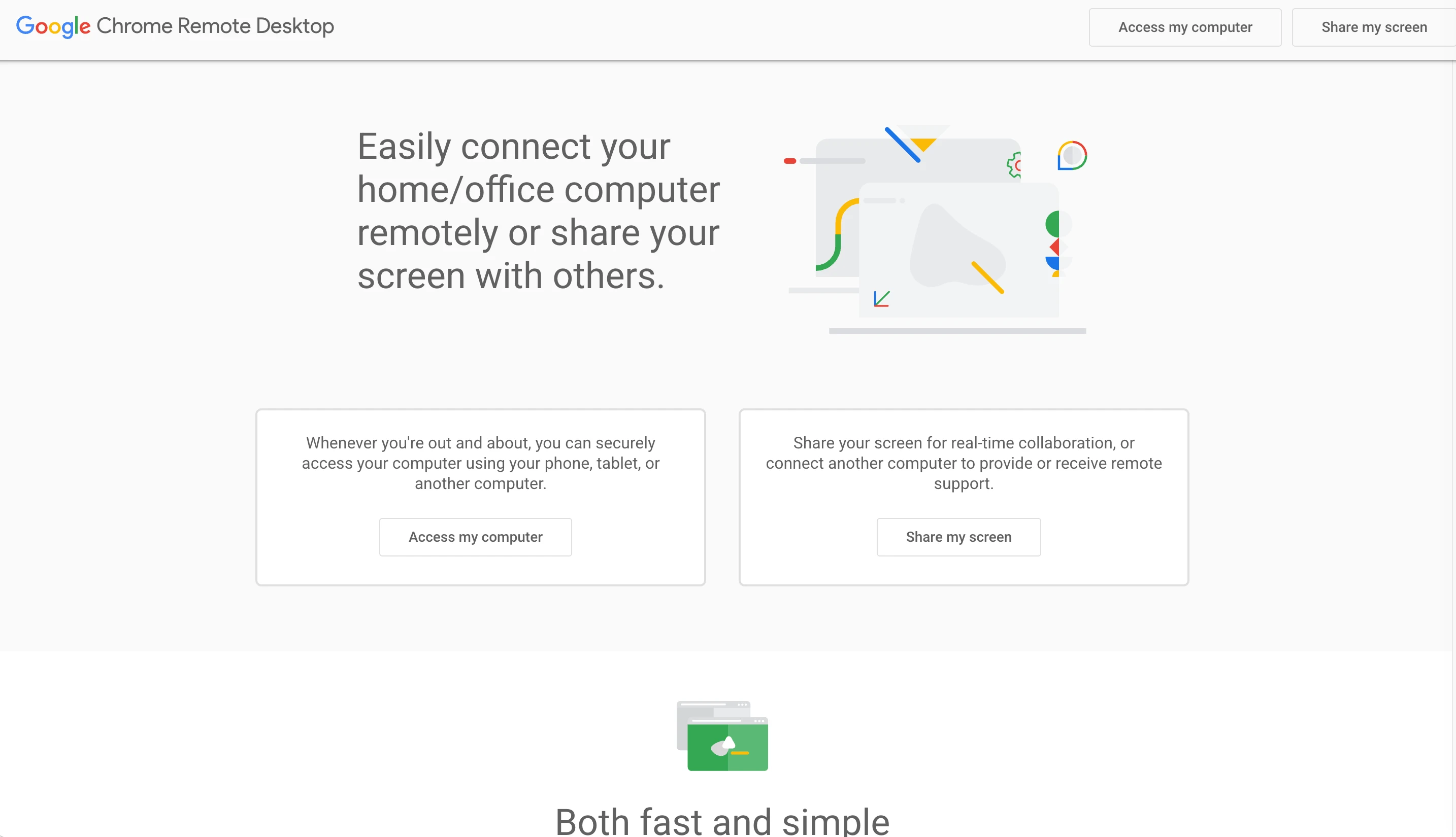 Chrome Remote Desktop homepage with options to access a computer remotely or share a screen