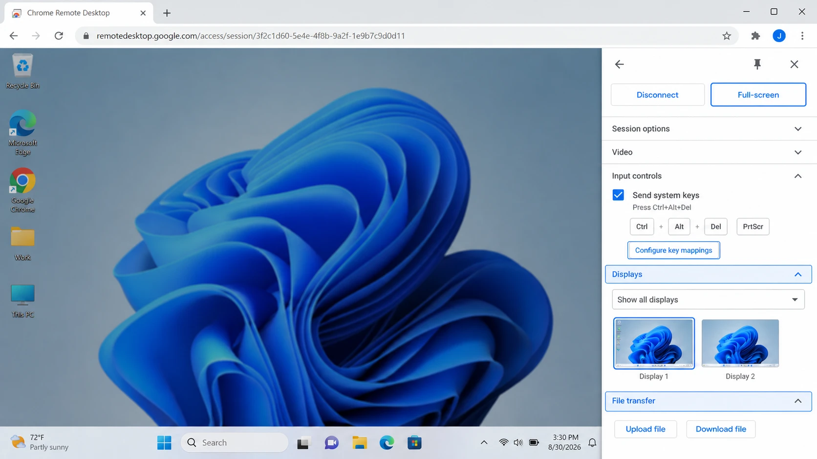 Chrome Remote Desktop session showing display and file transfer options