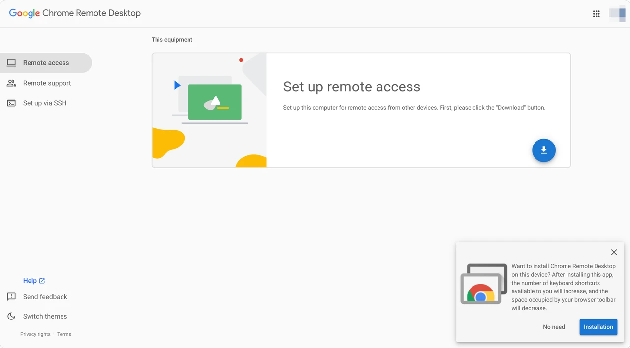 Chrome Remote Desktop setup page for enabling remote access