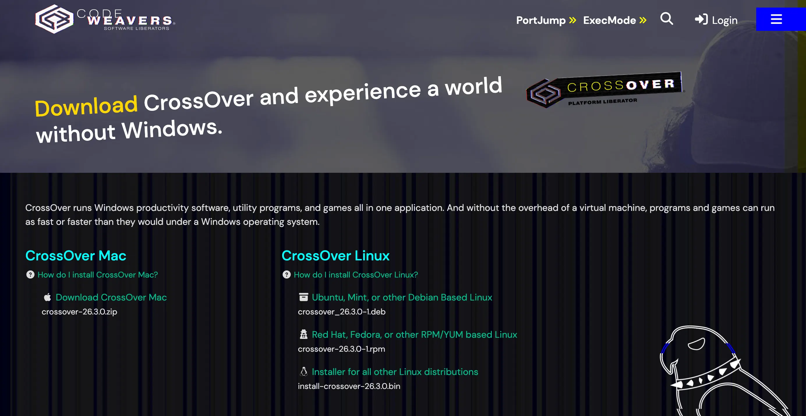 Mac および Linux 用のオプションを備えた CrossOver のダウンロードページ