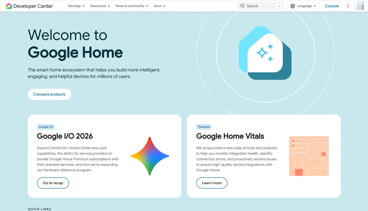 Página principal del Centro para desarrolladores de Google Home