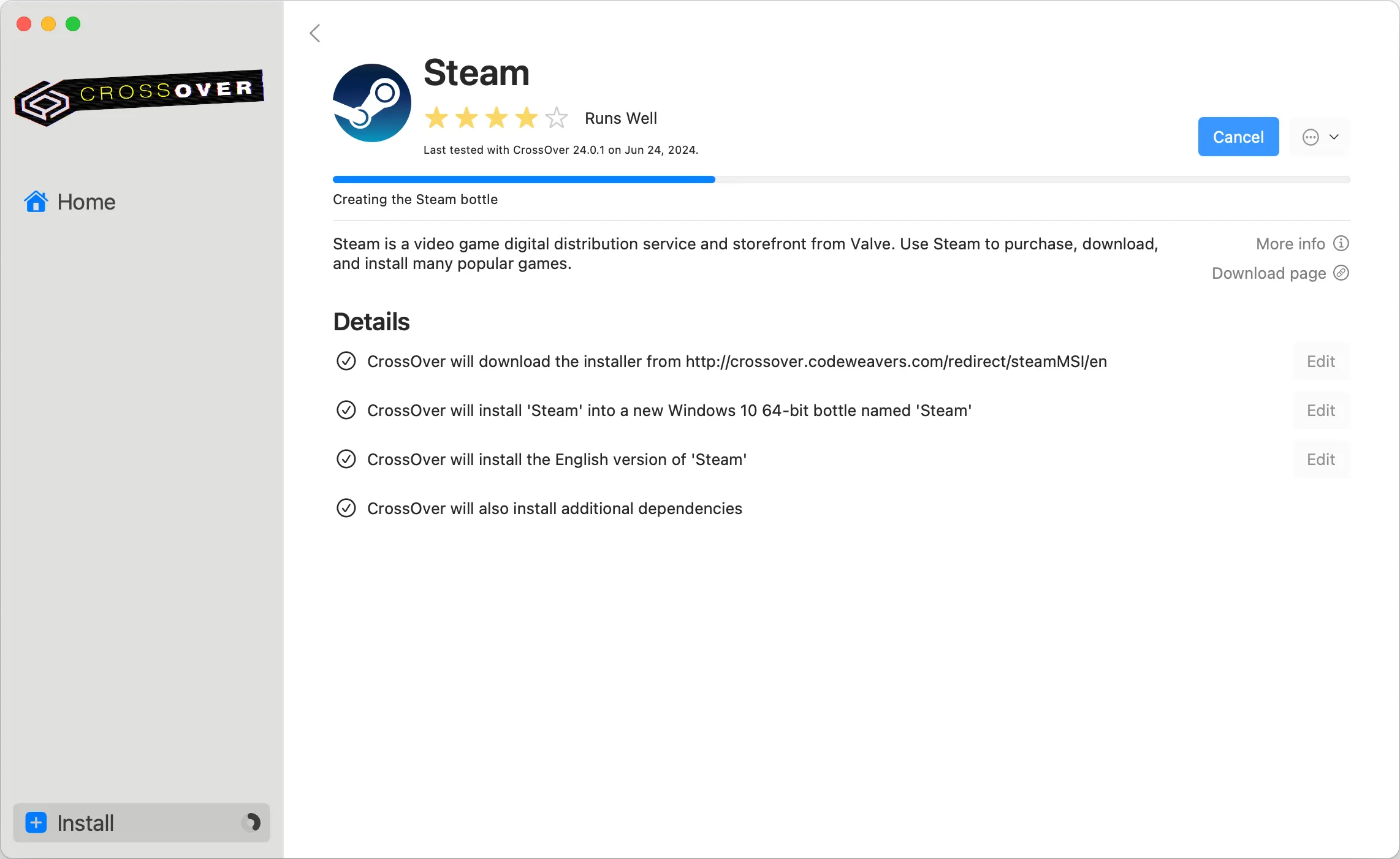 Windows 10 ボトルを使用した CrossOver を用いた Mac への Steam のインストール