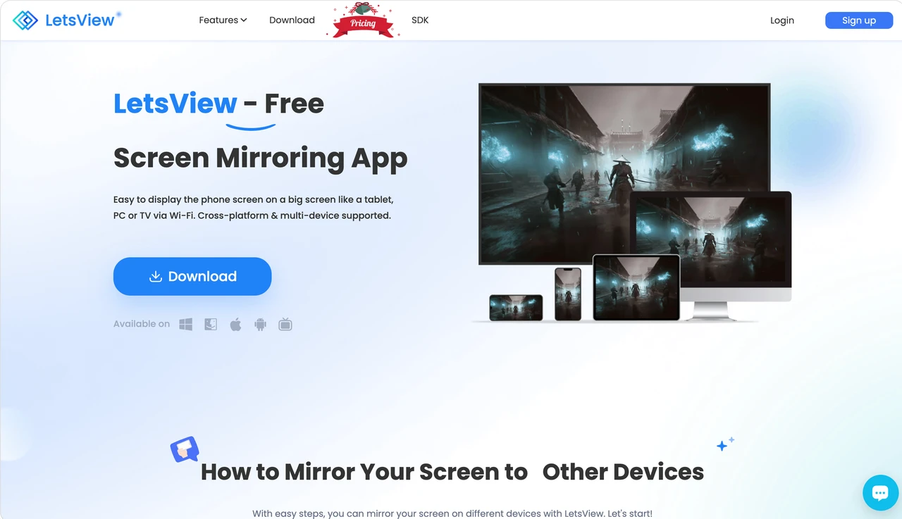 Página de inicio de la aplicación de duplicación de pantalla LetsView
