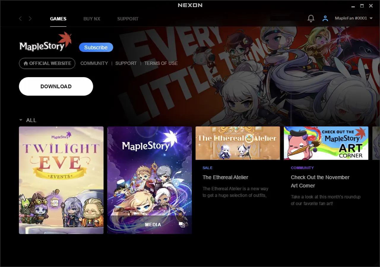 MapleStory download page in the Nexon Launcher