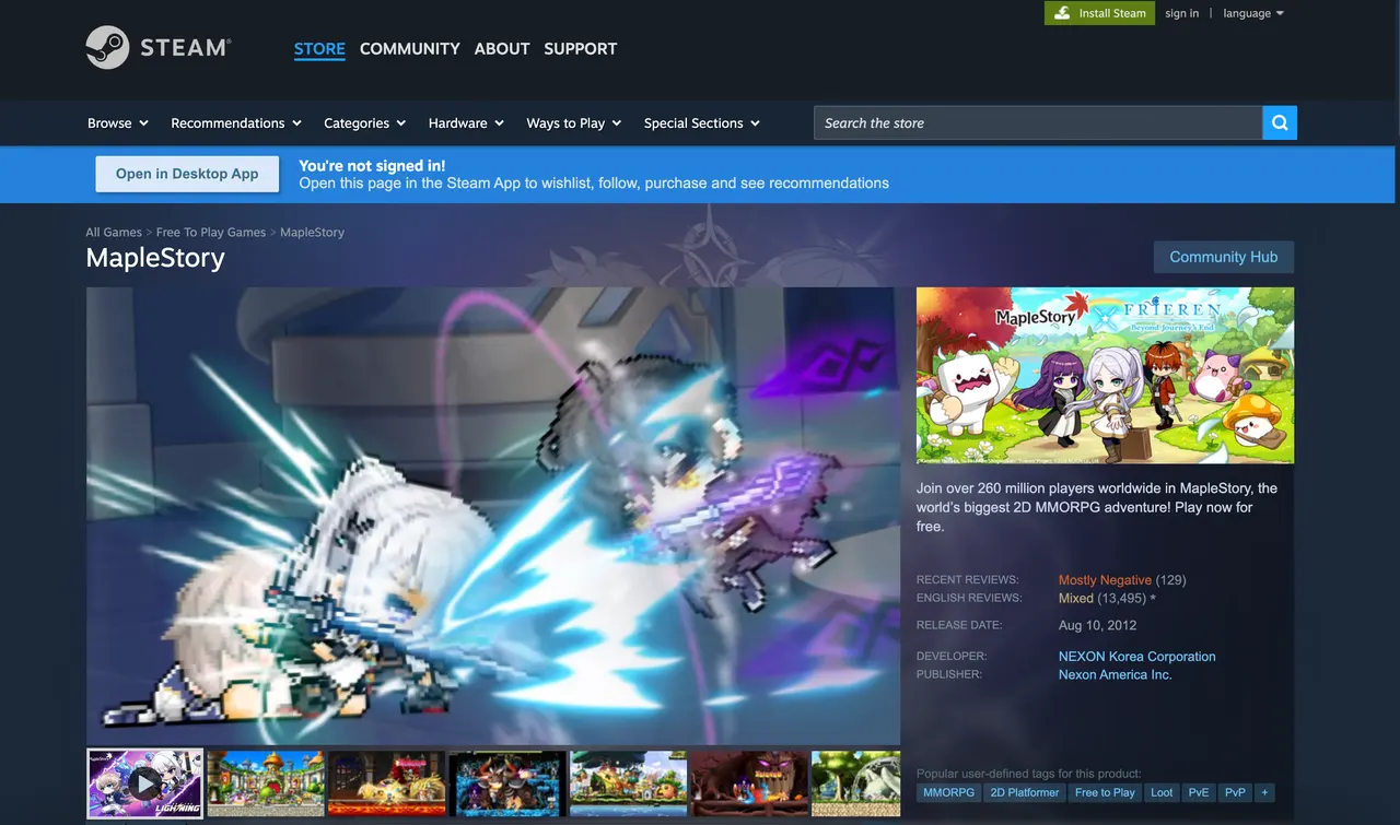 MapleStory game page on Steam showing the PC version and game details