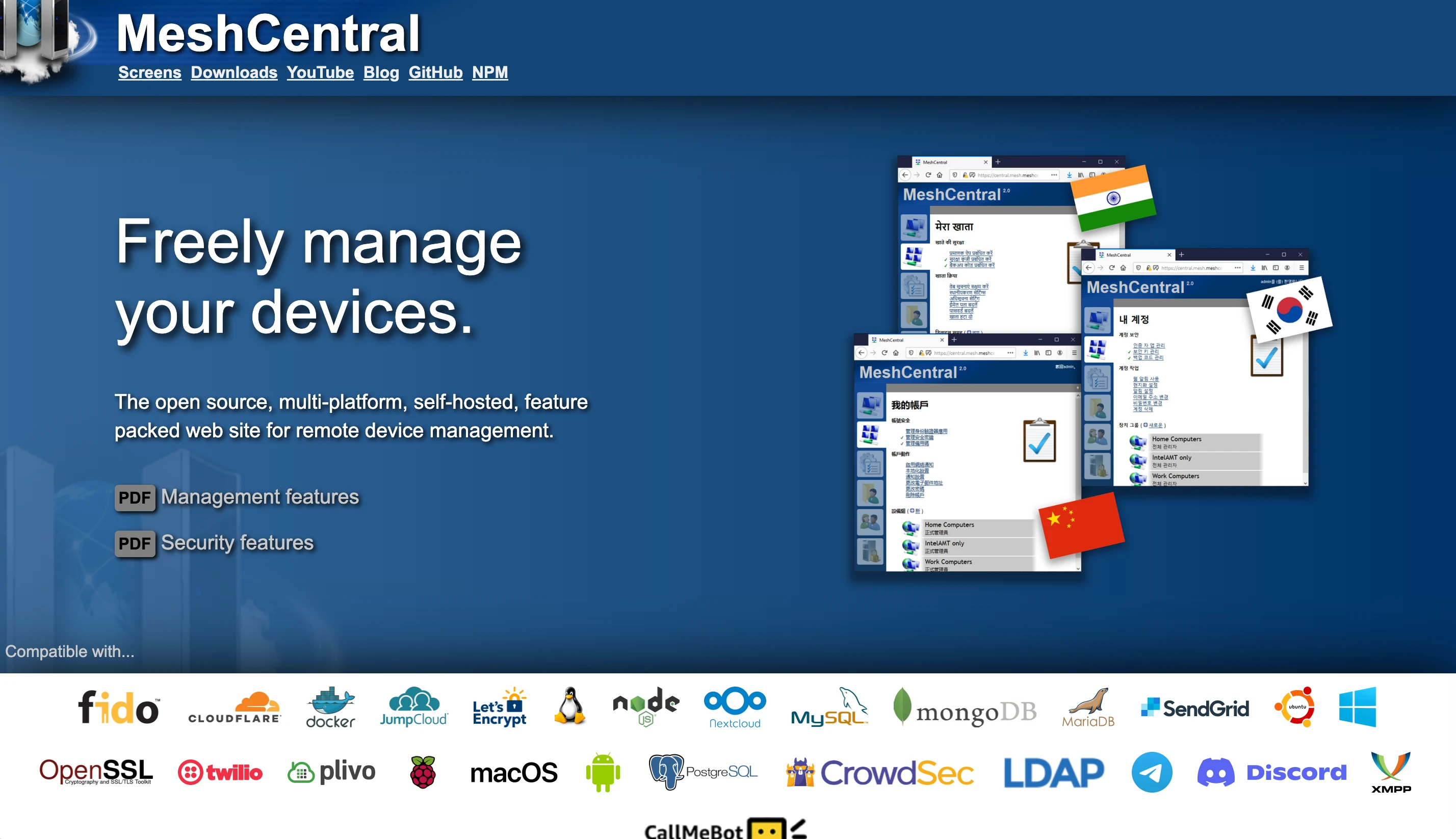 MeshCentral homepage showing its open-source remote device management platform and supported integrations