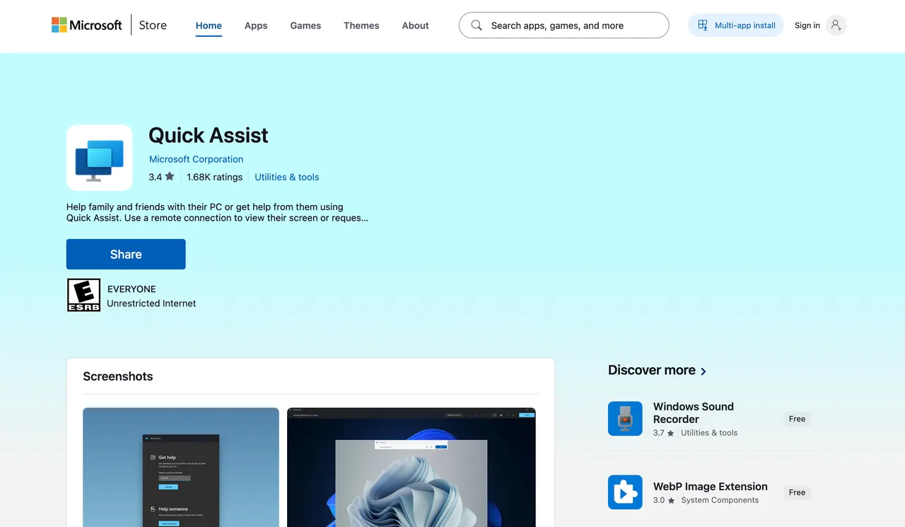 Microsoft StoreのMicrosoft Quick Assistページ(リモートPC支援用)