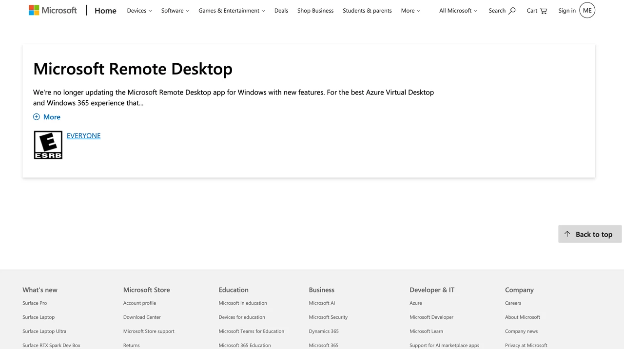 te Desktop app page on the Microsoft website