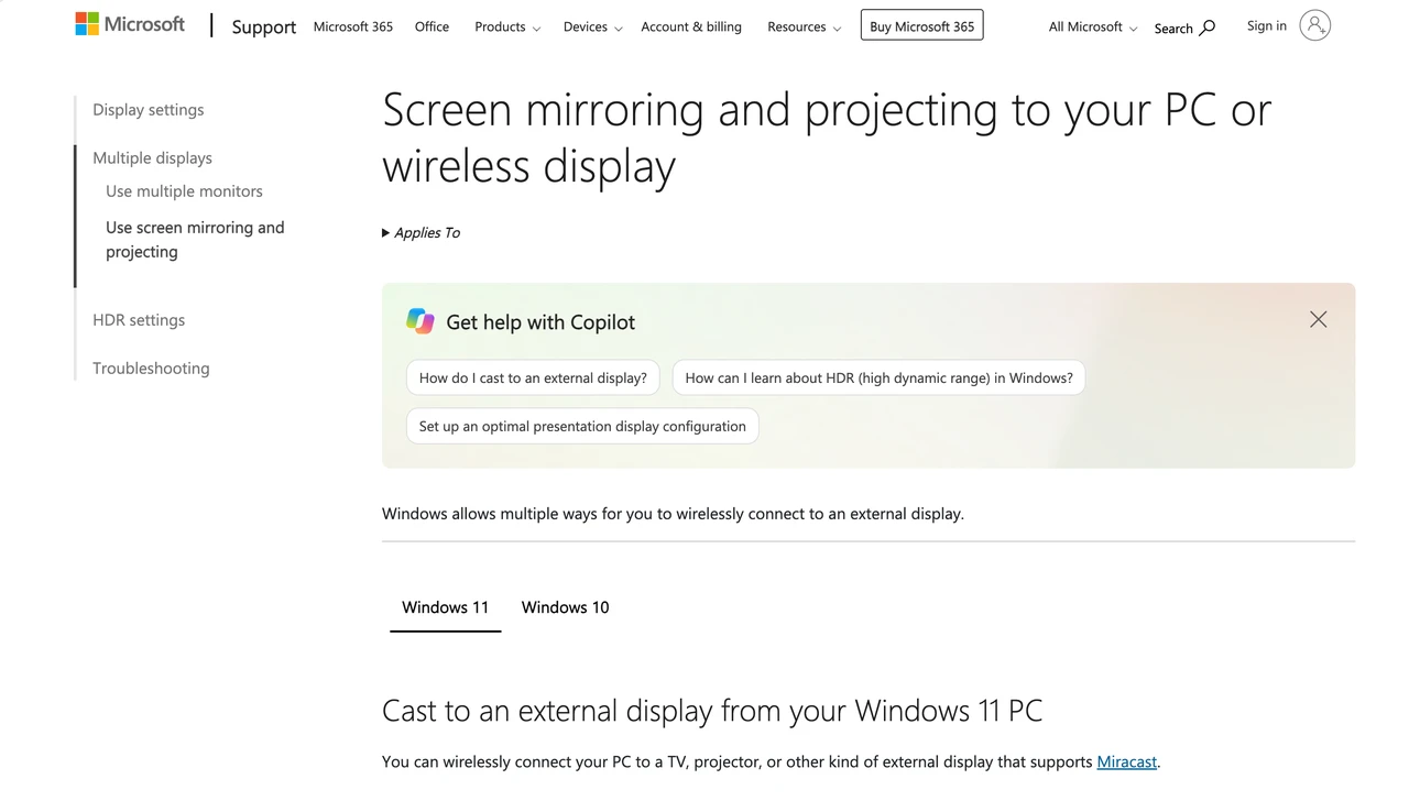 Página de soporte de Microsoft sobre duplicación de pantalla y pantalla inalámbrica