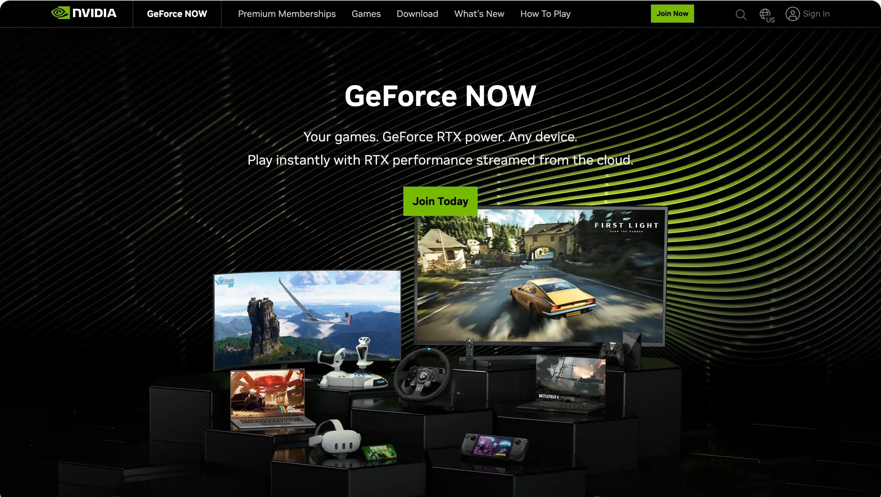 Página principal del servicio de juego en la nube GeForce NOW de NVIDIA