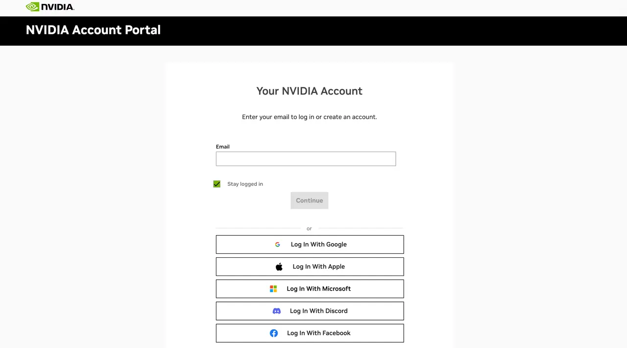 NVIDIA account login page for accessing GeForce NOW.