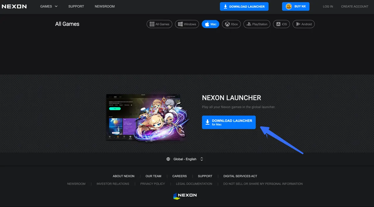 Nexon Launcher download page for Mac with the Mac platform selected