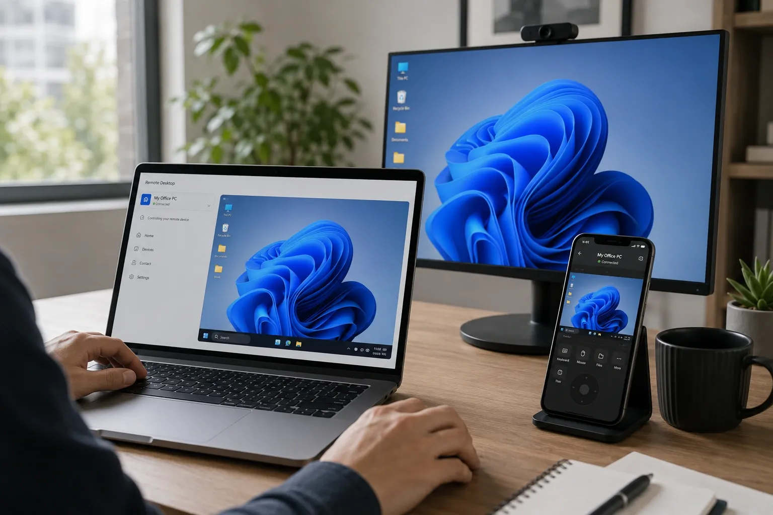 Person using a laptop to remotely access a Windows PC, with the same desktop shown on a monitor and smartphone