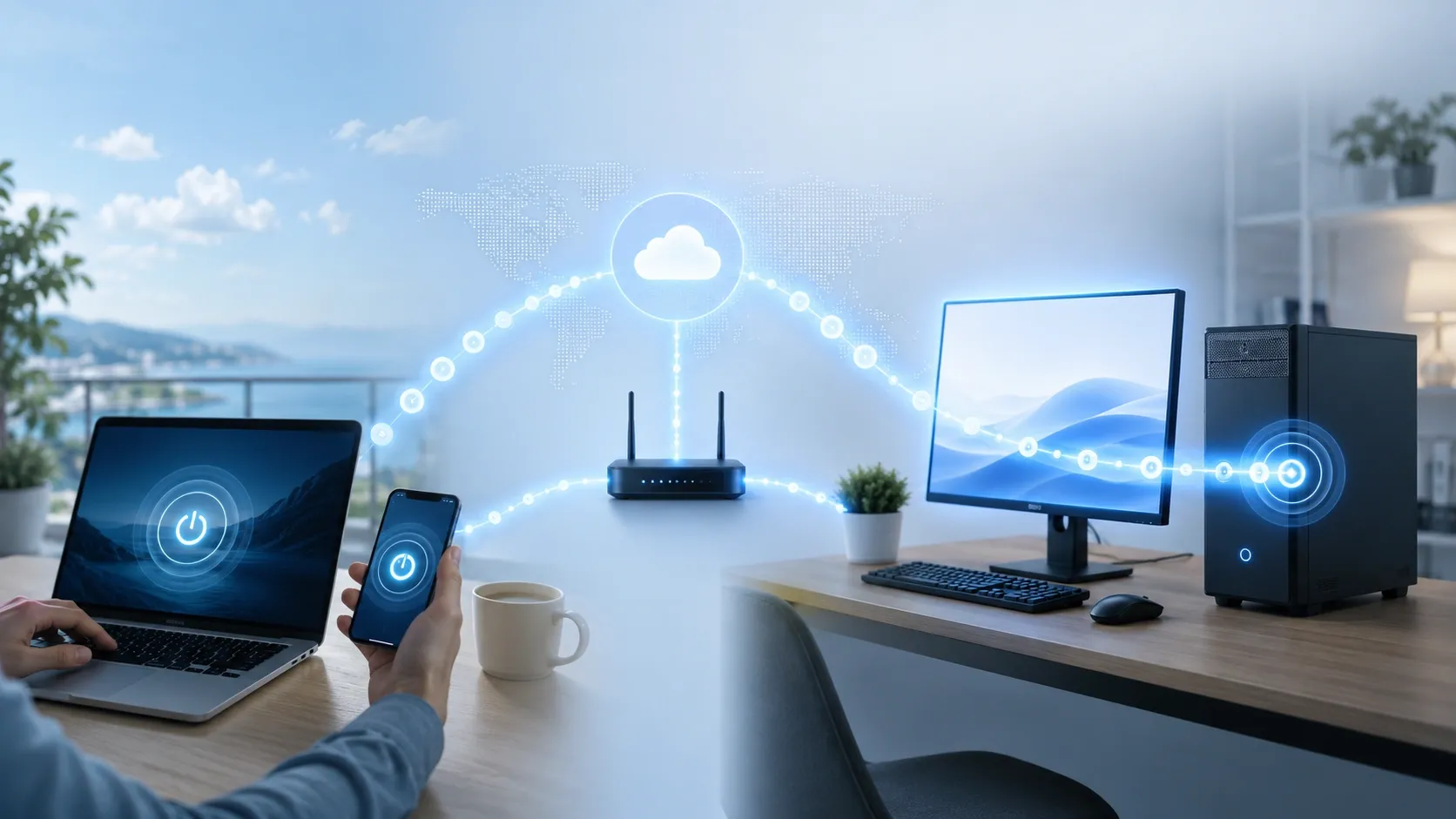 Remote Wake-on-LAN connection from a laptop and smartphone to a desktop PC