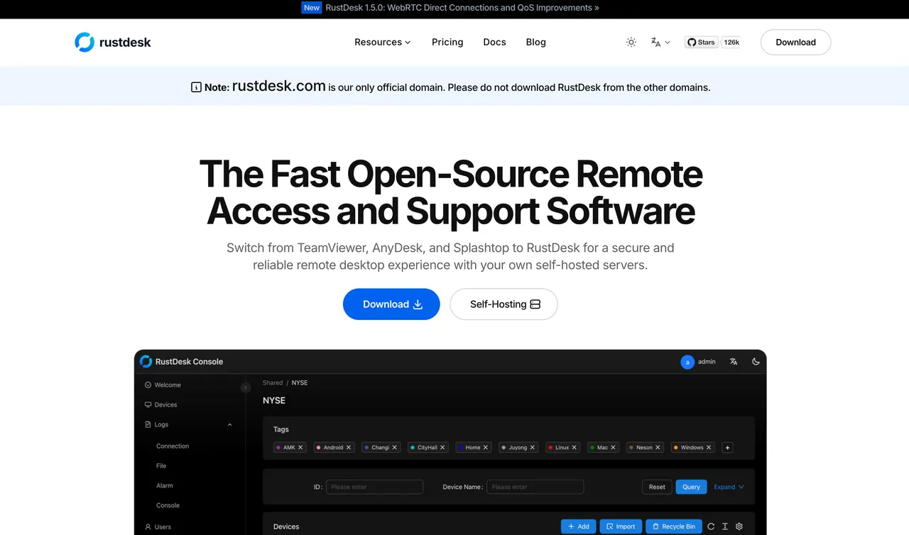 オープンソースのリモートアクセスおよびリモートサポートソフトウェアを特徴とするRustDeskのホームページ