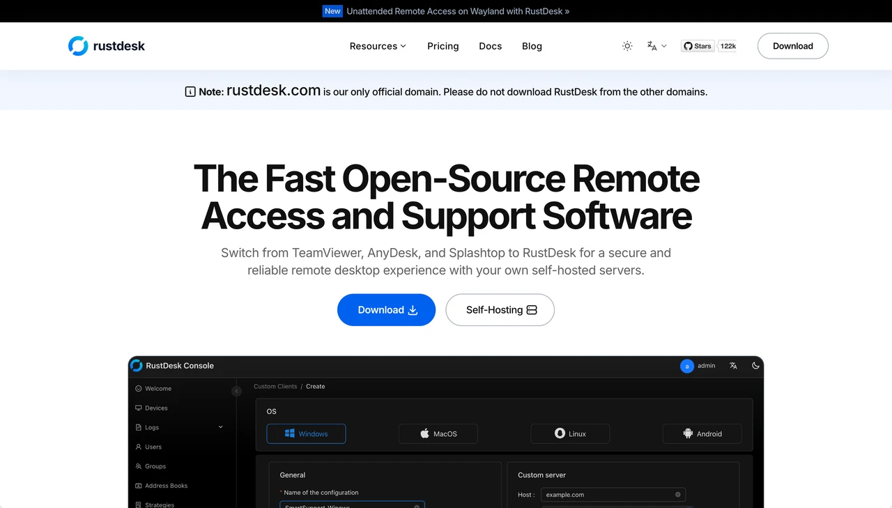 RustDesk open-source remote access and support software homepage