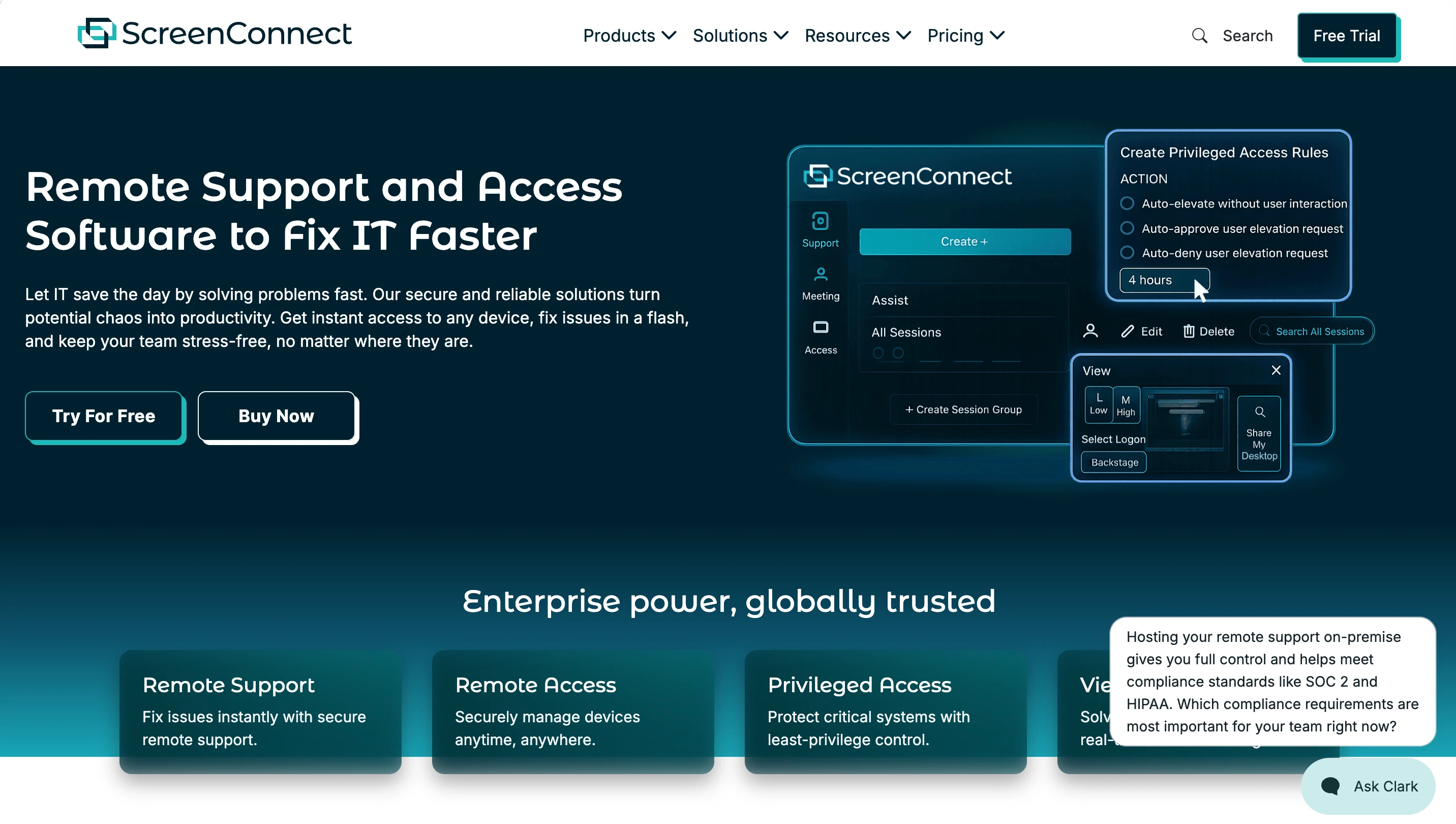 ScreenConnect homepage featuring remote support, remote access, and privileged access solutions