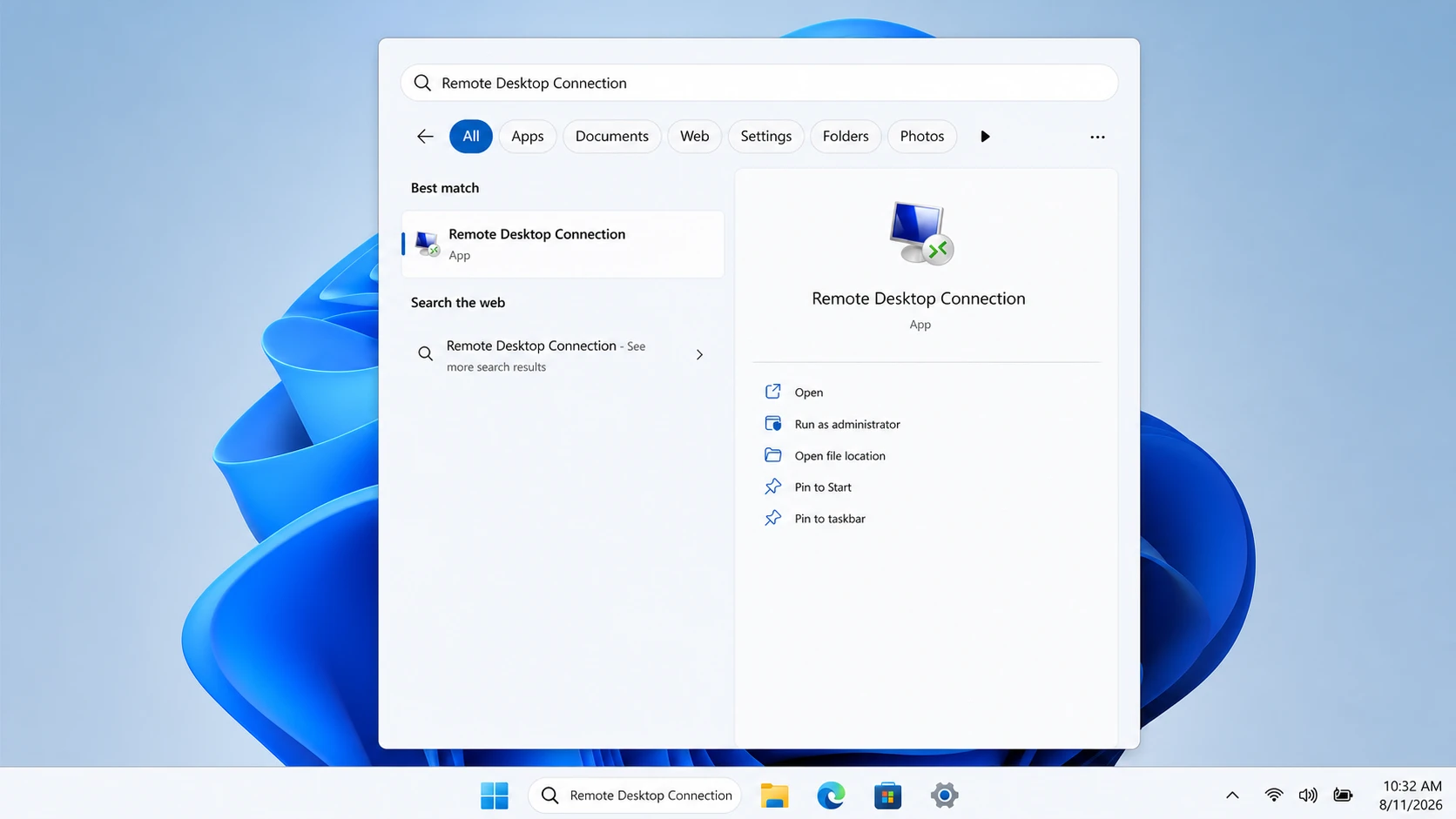 Searching for the Remote Desktop Connection app in Windows 11