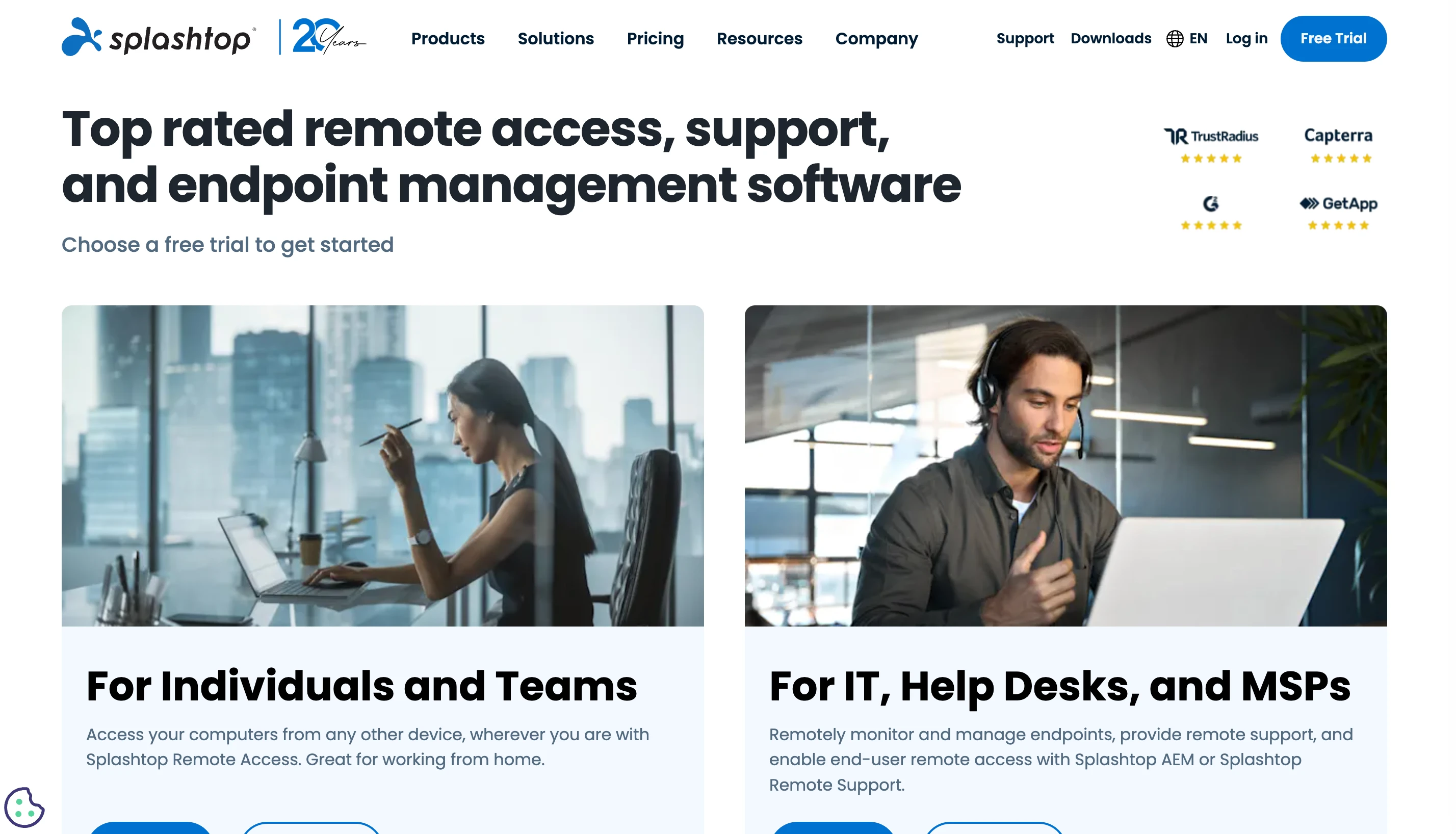 Splashtop homepage featuring remote access solutions for individuals, teams, IT help desks, and MSPs