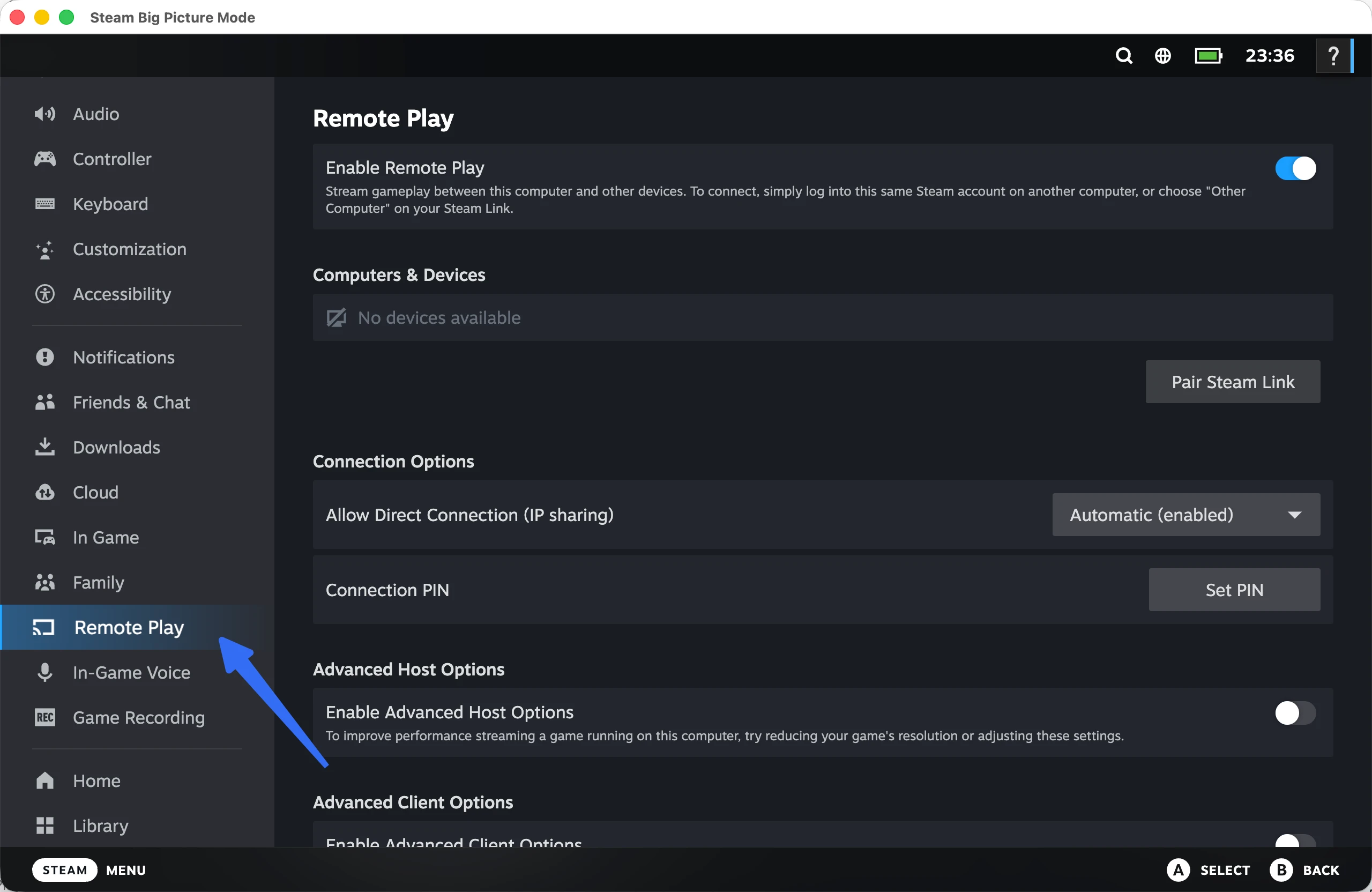Configuración del modo Big Picture de Steam con el Juego remoto activado