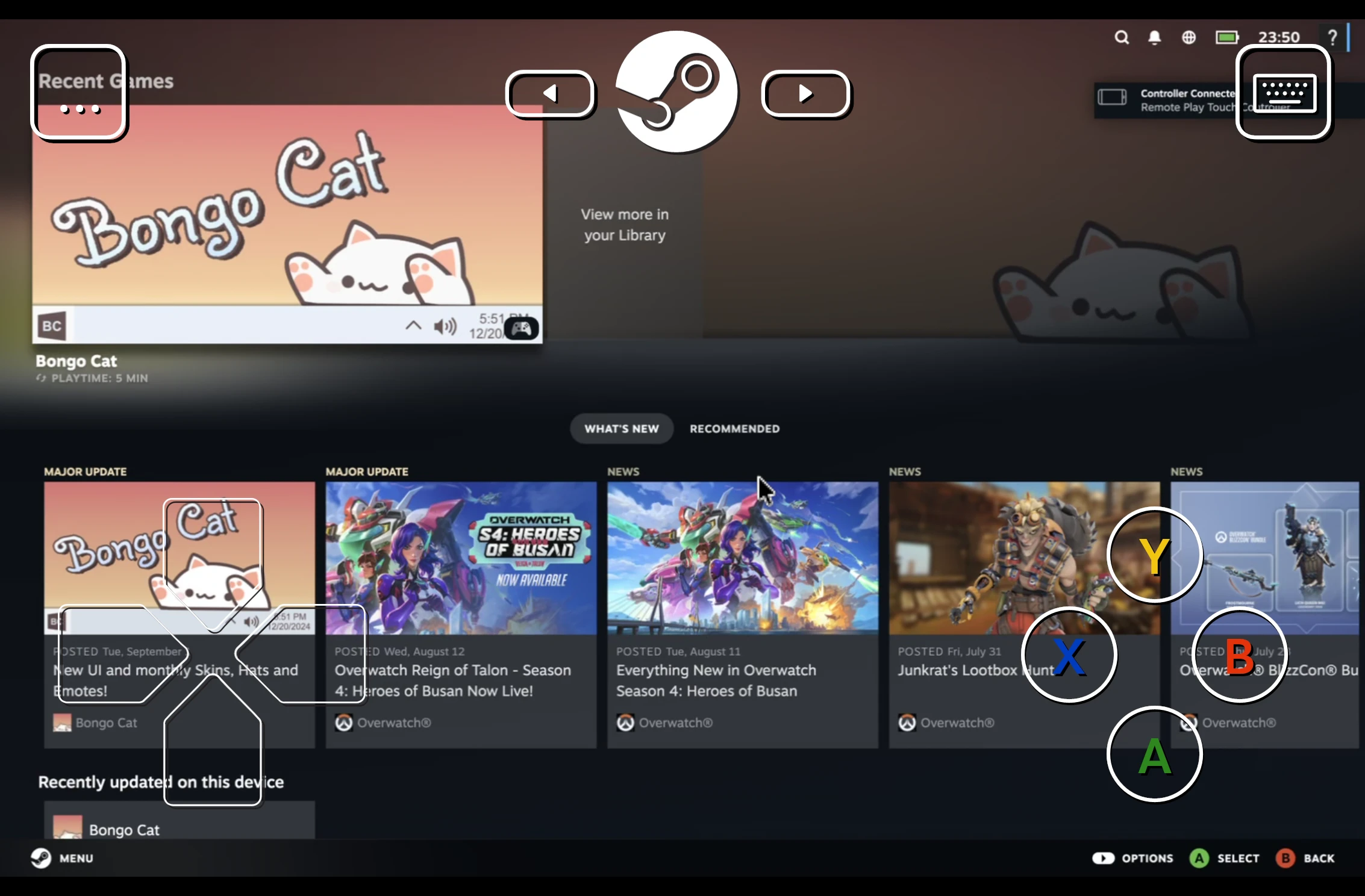 Modo Big Picture de Steam con superposición de mando táctil para juego remoto