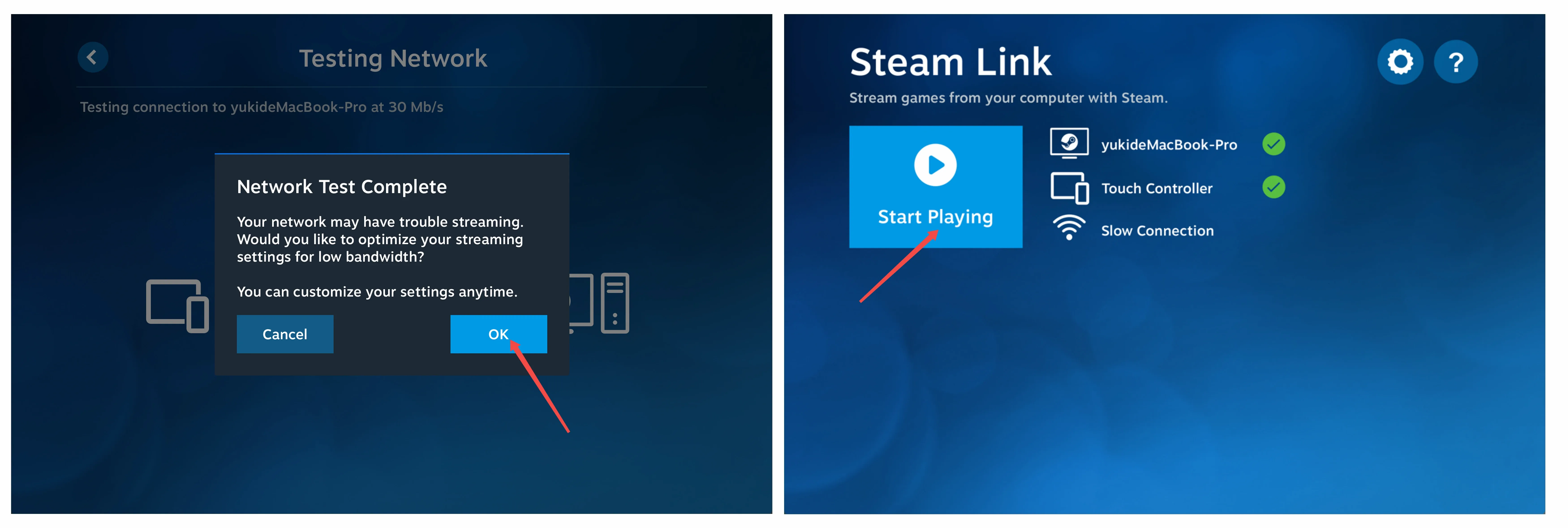Pantalla de prueba de red y de Iniciar juego de Steam Link